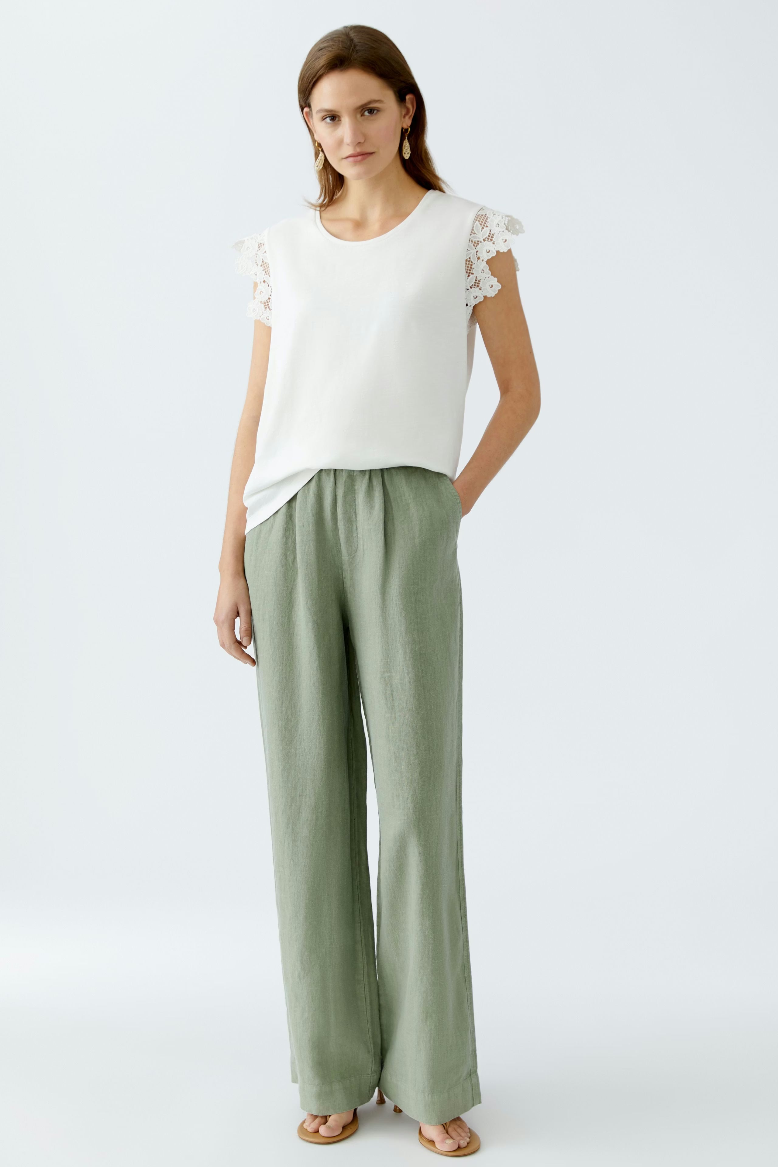 Oui - Olive Wide Leg Linen Pant