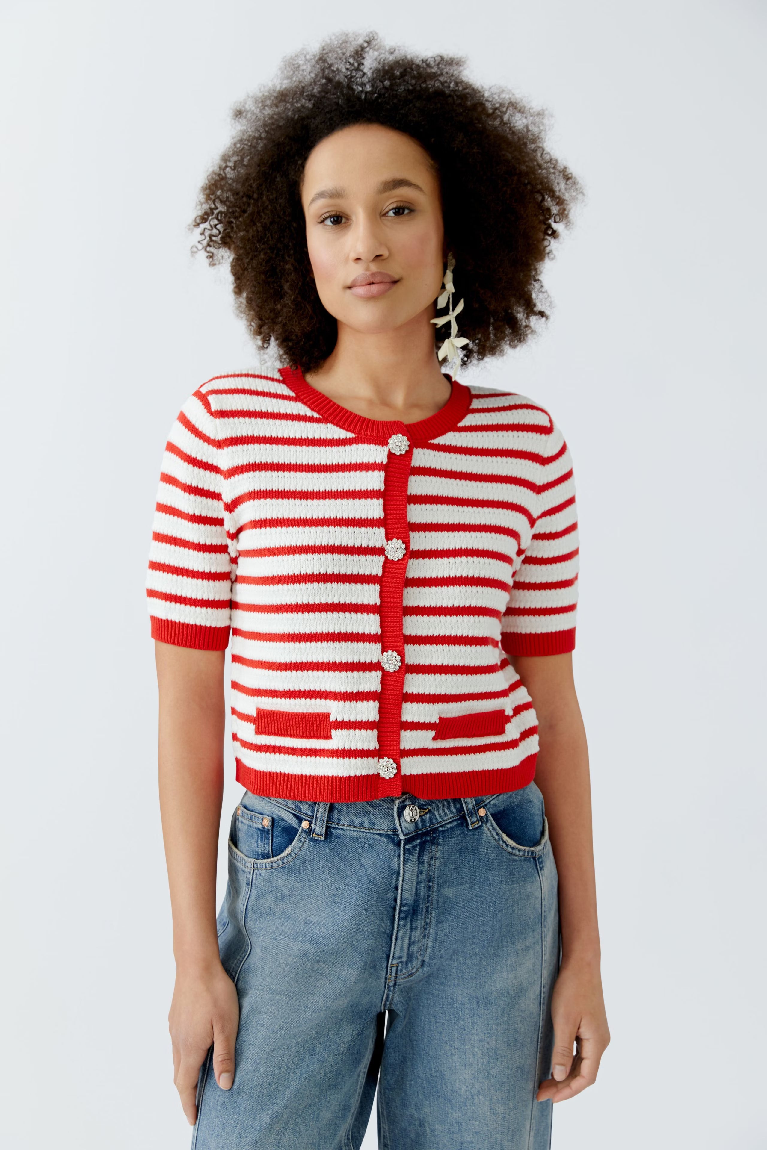 Oui - Cardigan Red and Cream Stripe