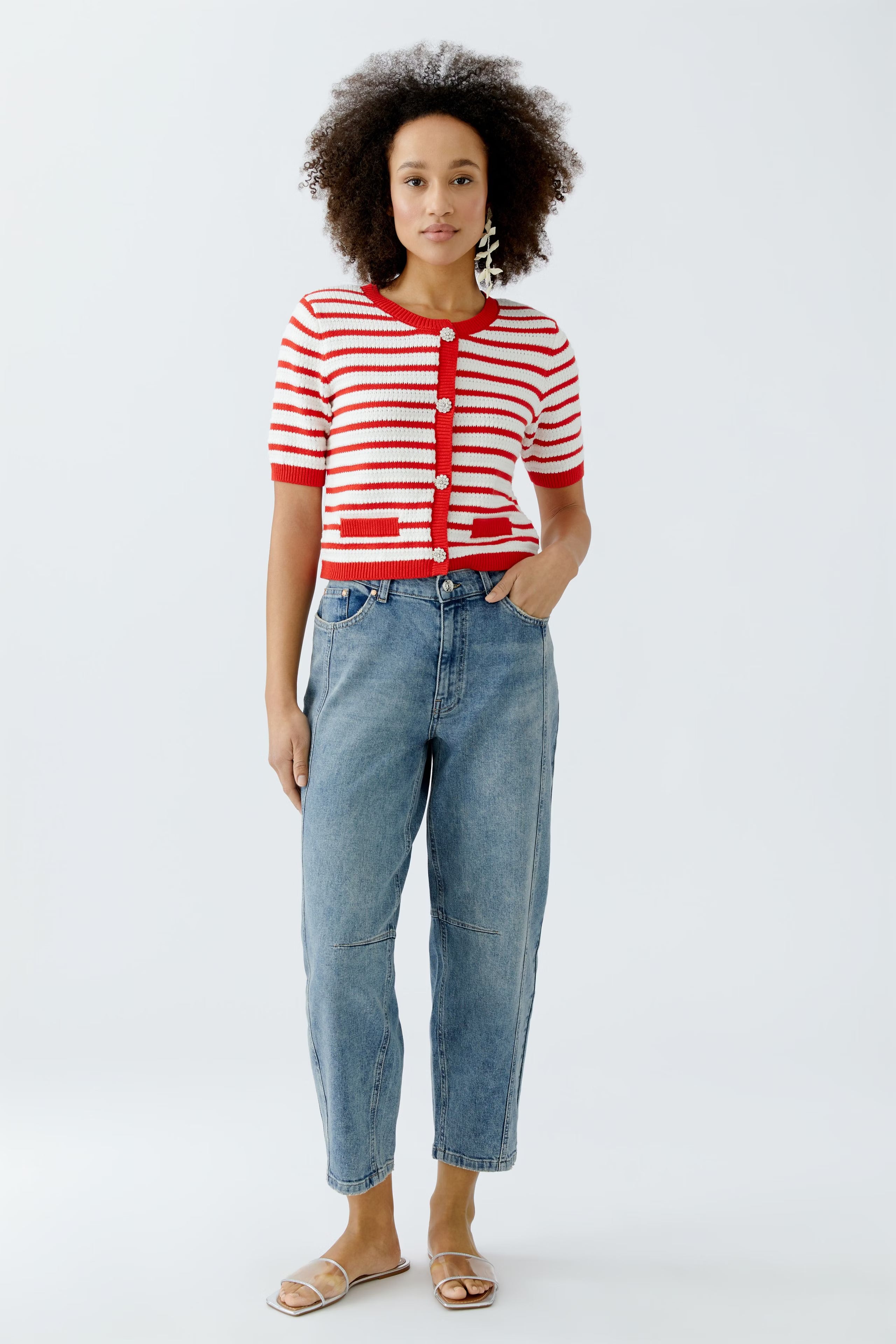 Oui - Cardigan Red and Cream Stripe