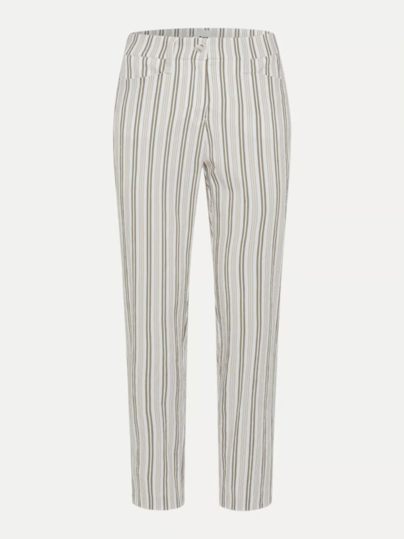 Brax -Mara Sage, Beige and White Stripe 7/8 Pants