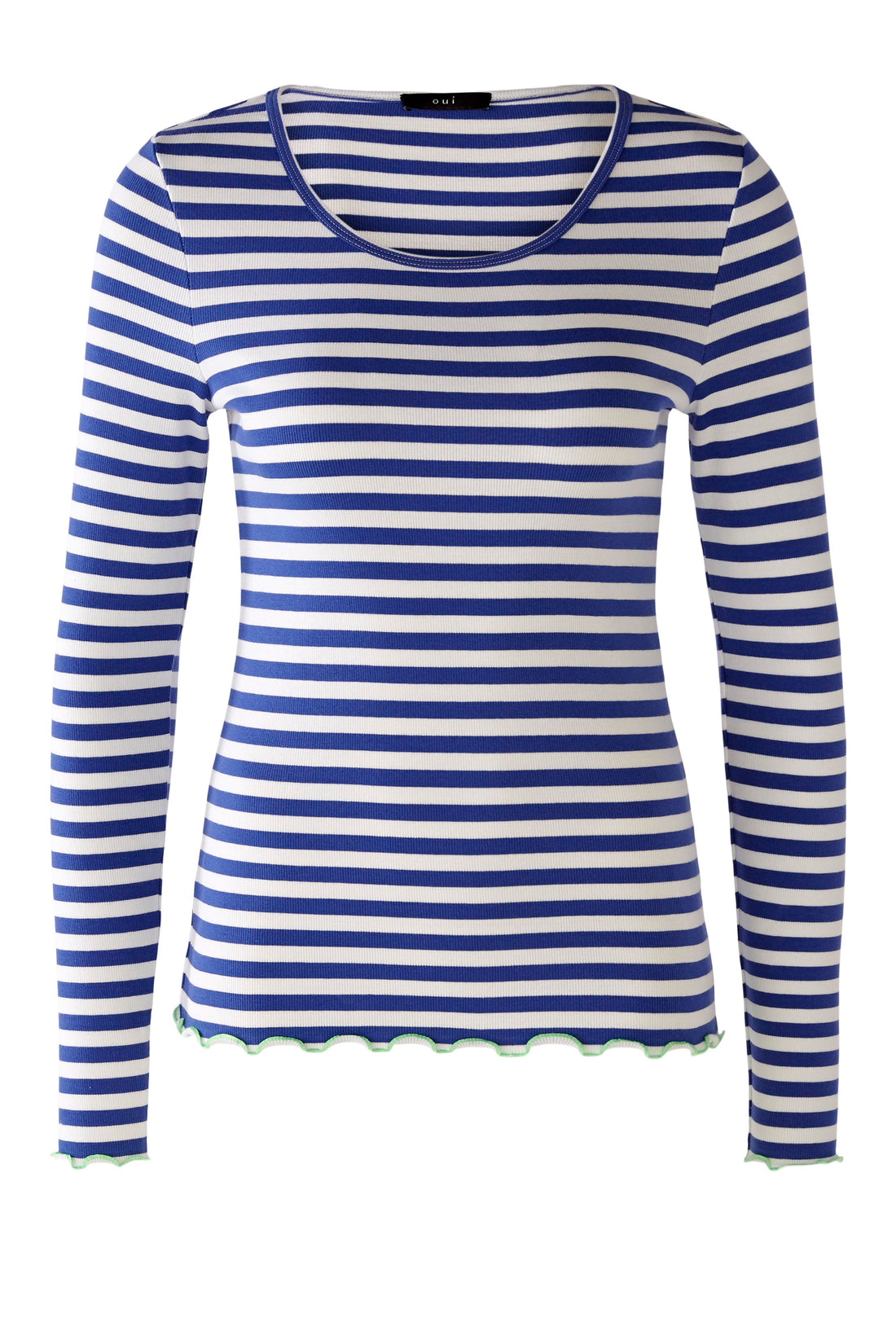 Oui -  Blue Striped Top with Contrast Curled Hem