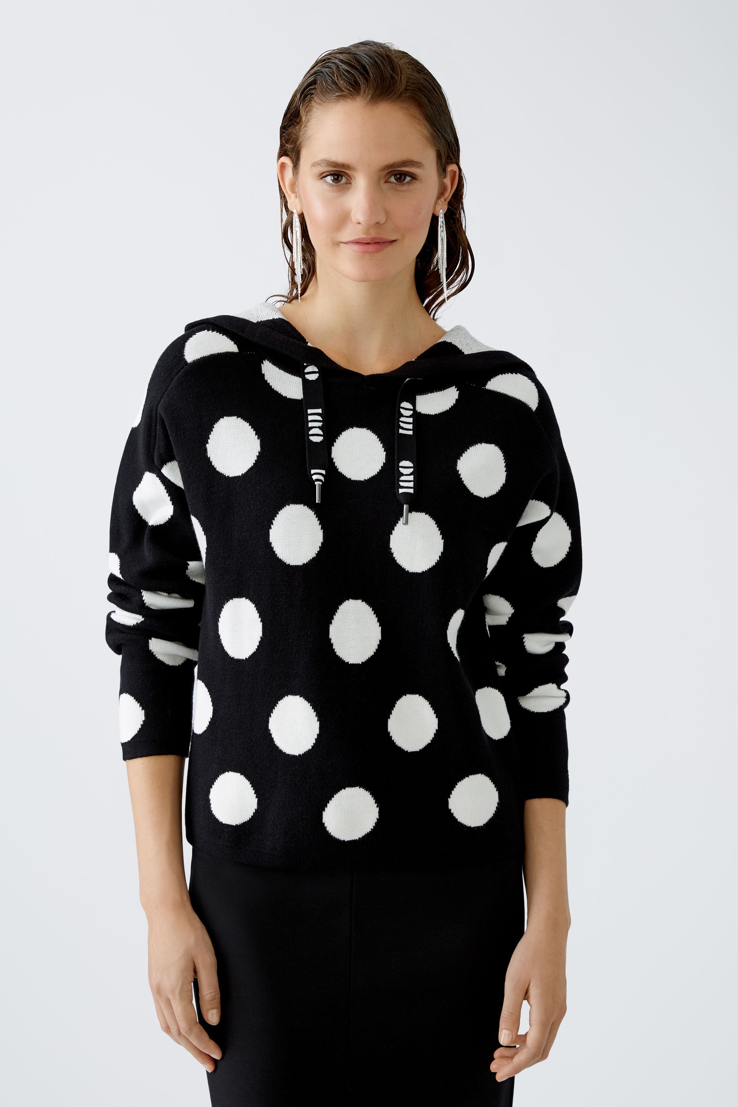 Oui - Black and Off White Polka Dot Hoodie Jumper