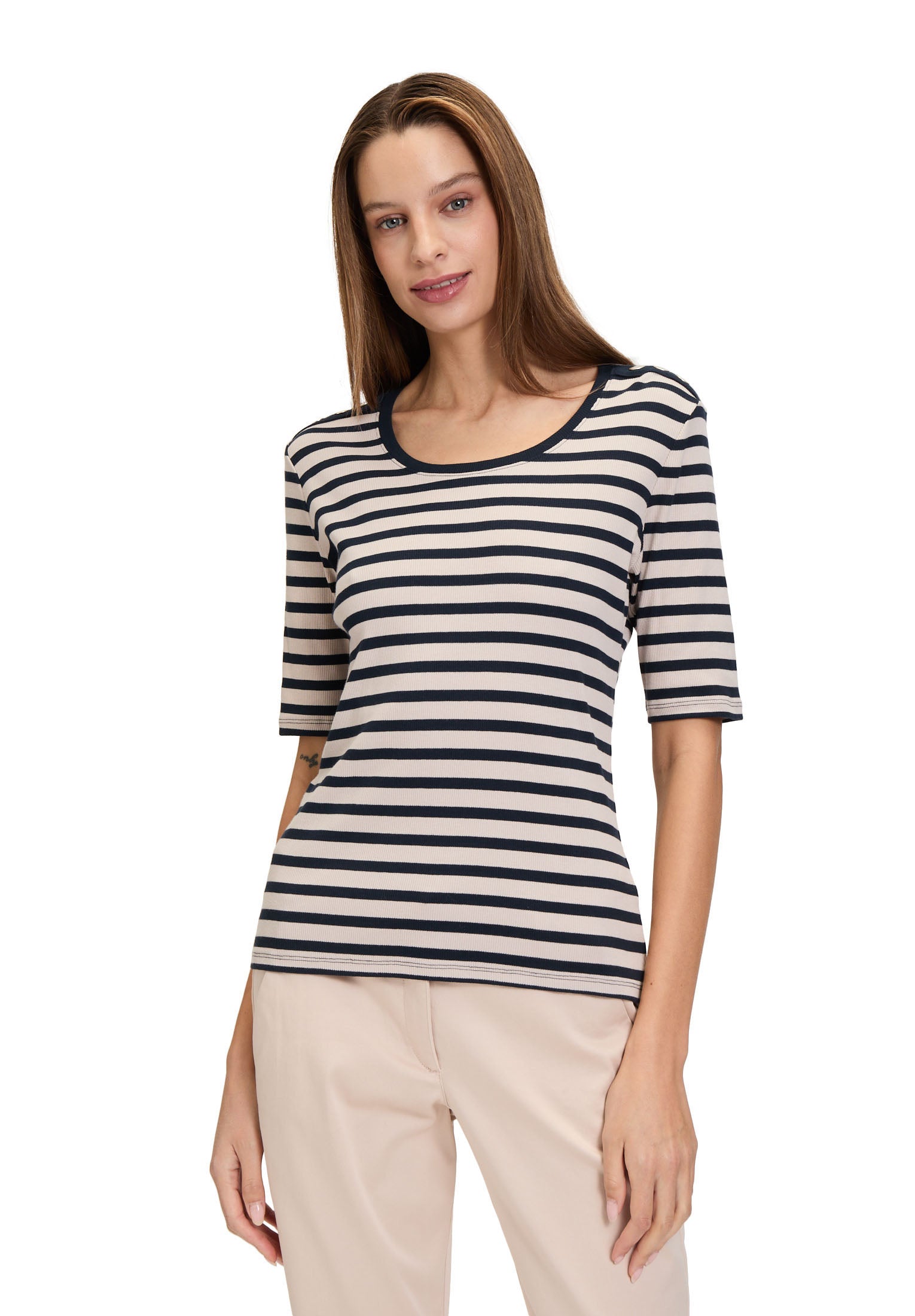 Betty Barclay - Navy and Beige Stripe T Shirt with Ribbed Structure