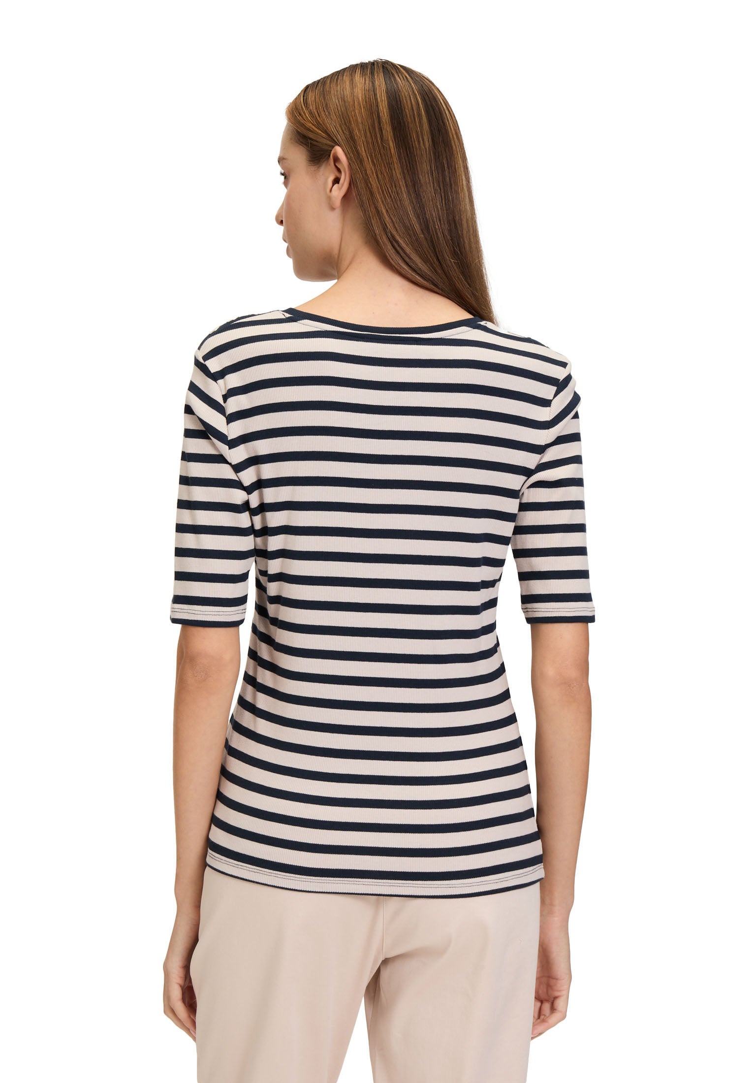 Betty Barclay - Navy and Beige Stripe T Shirt with Ribbed Structure