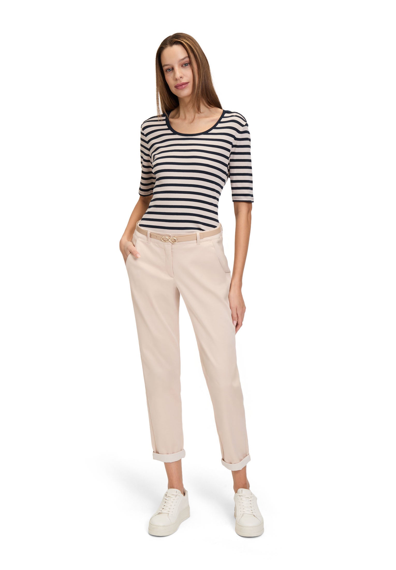 Betty Barclay - Navy and Beige Stripe T Shirt with Ribbed Structure