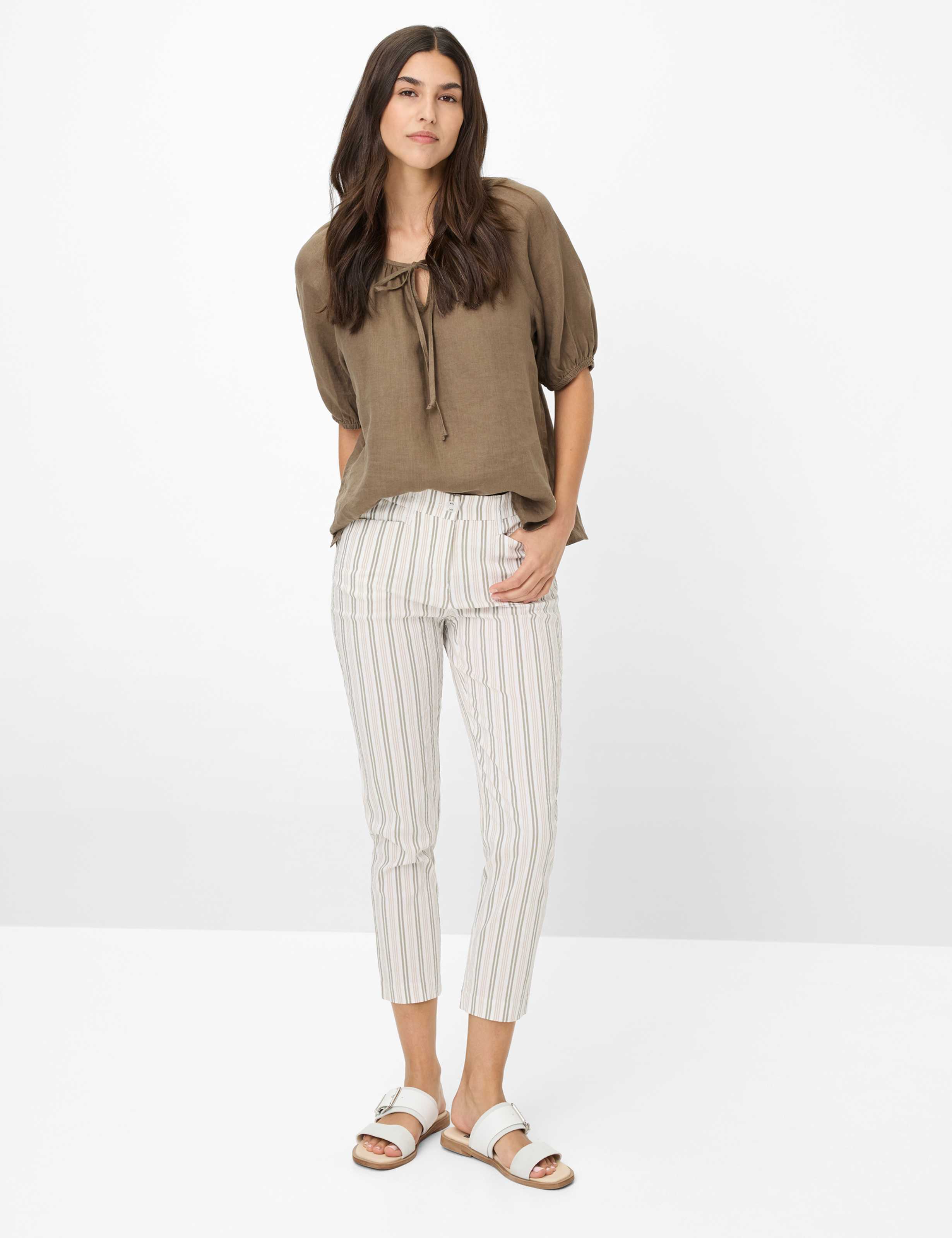 Brax -Mara Sage, Beige and White Stripe 7/8 Pants