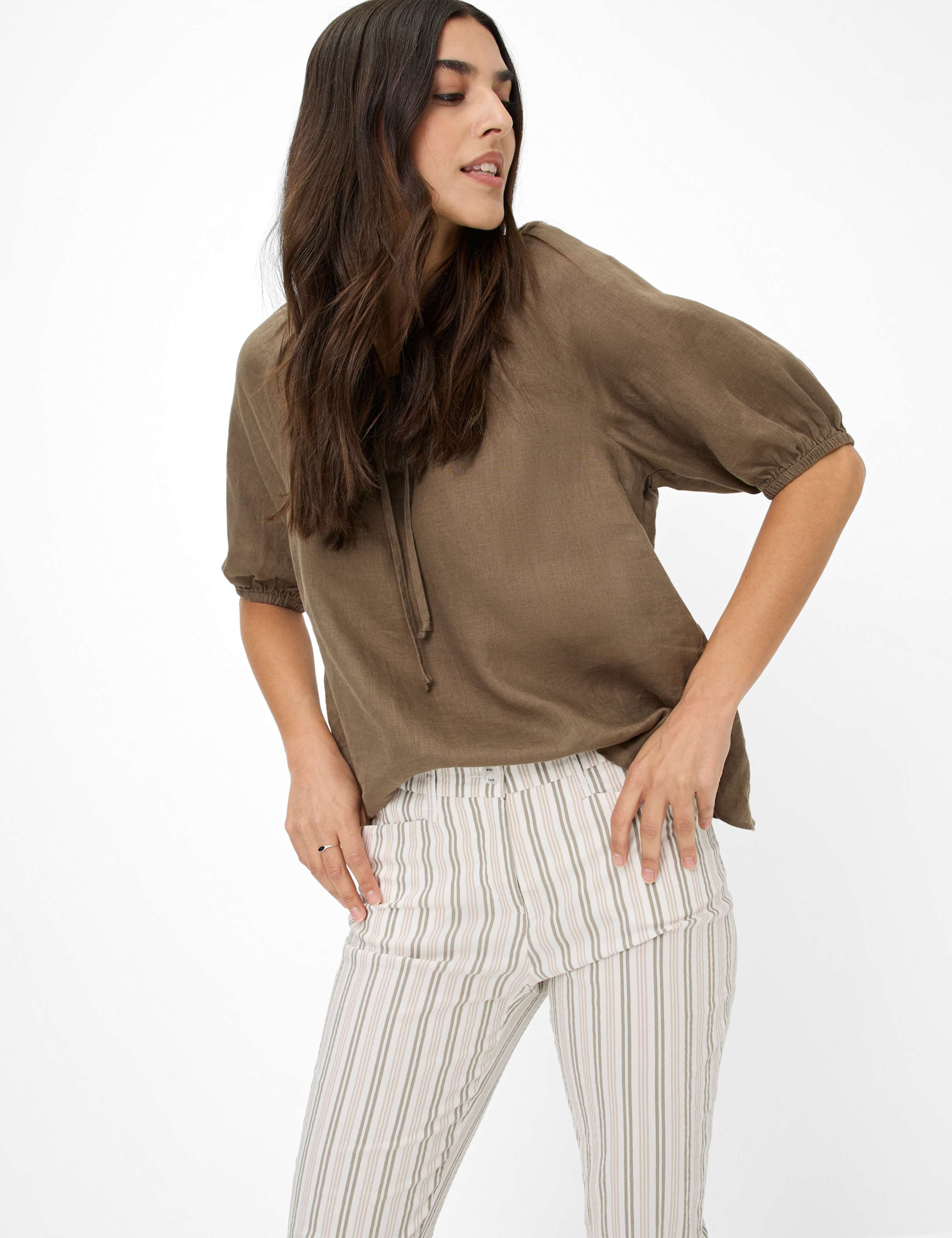 Brax -Mara Sage, Beige and White Stripe 7/8 Pants
