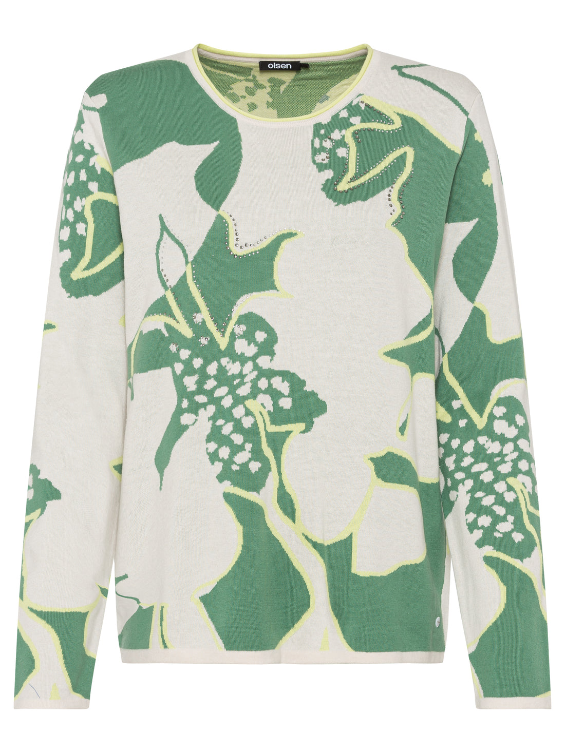 Olsen - Cream and Green Flower and Sequin Print Jumper