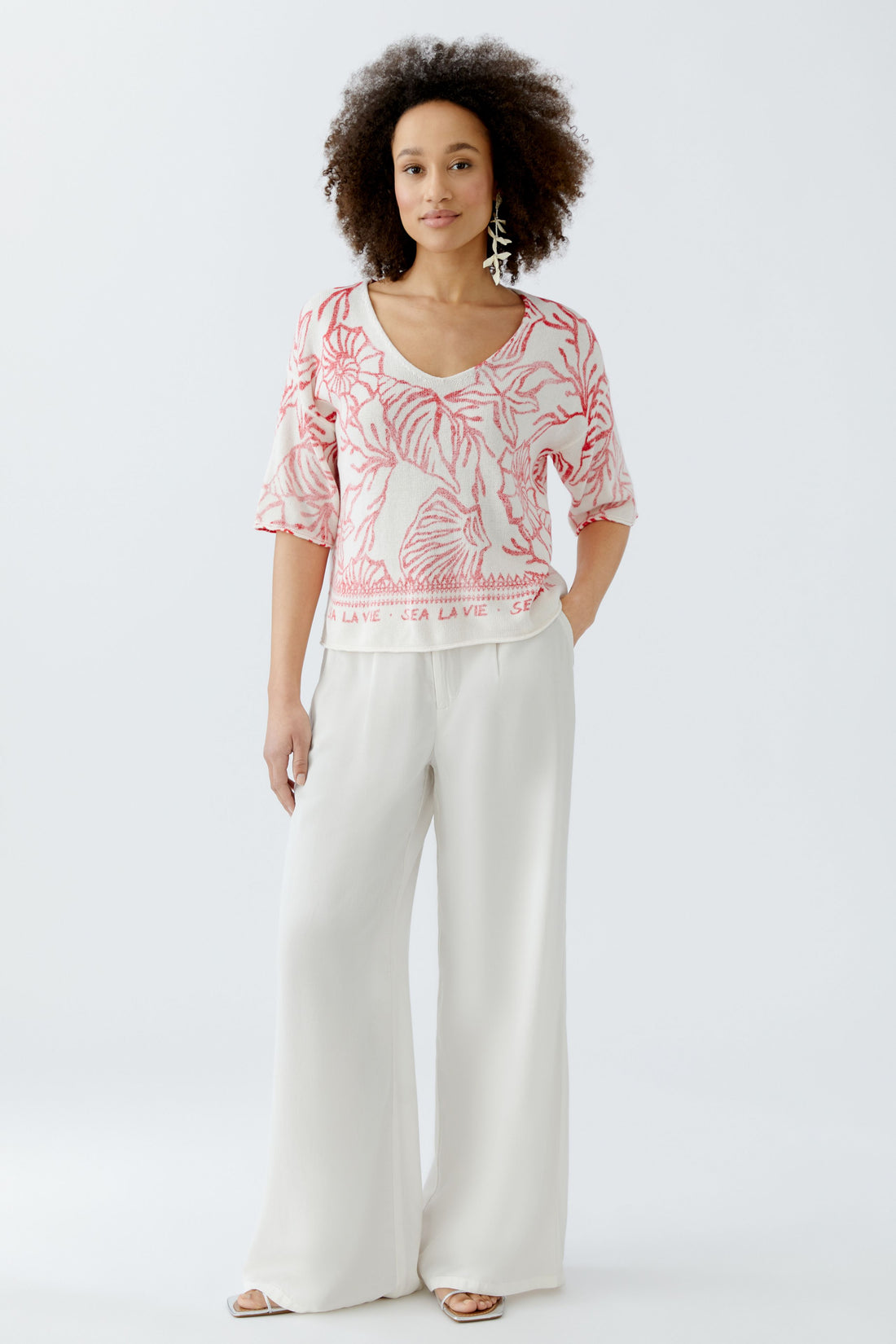 Oui - Red and White Knit Pullover