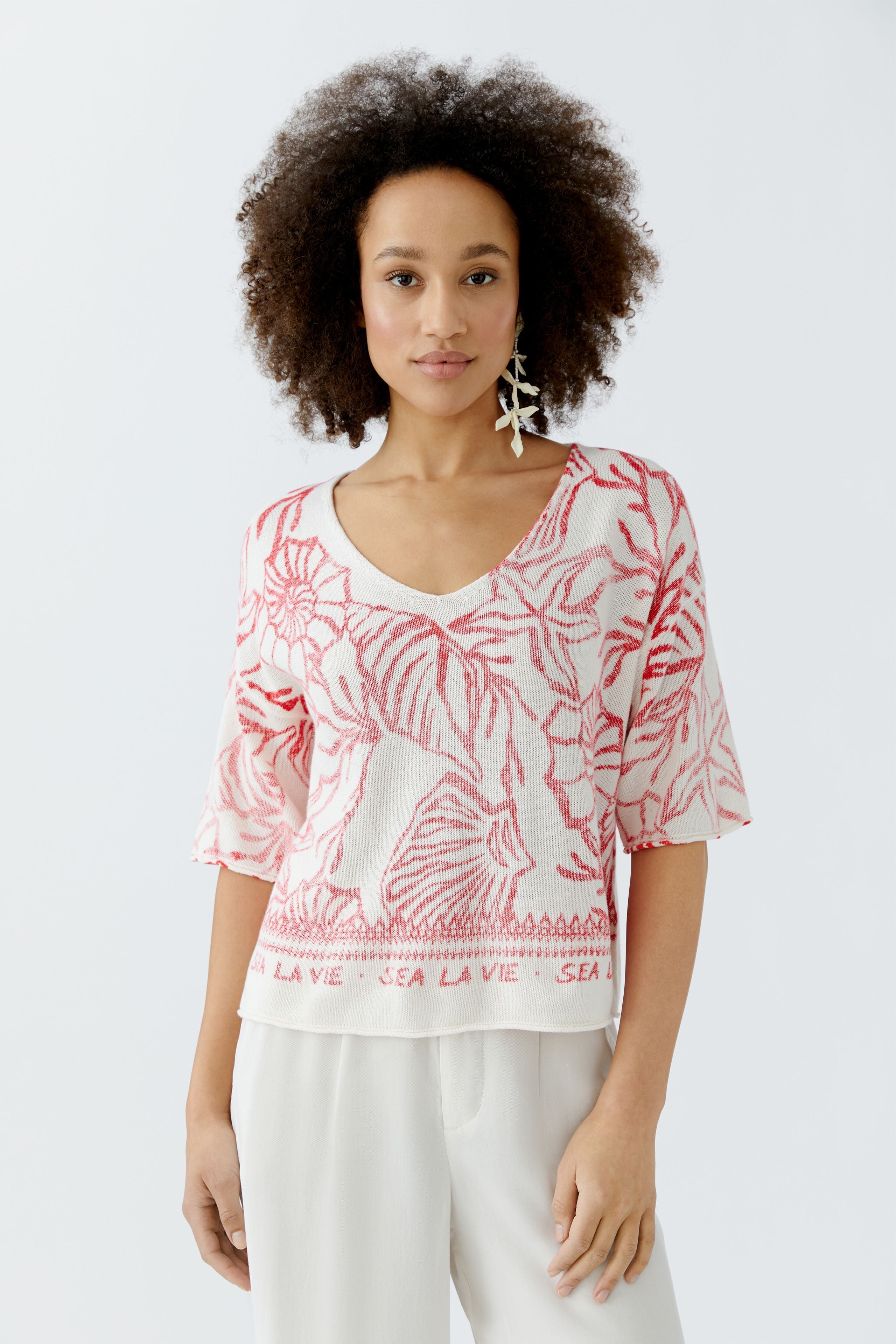 Oui - Red and White Knit Pullover