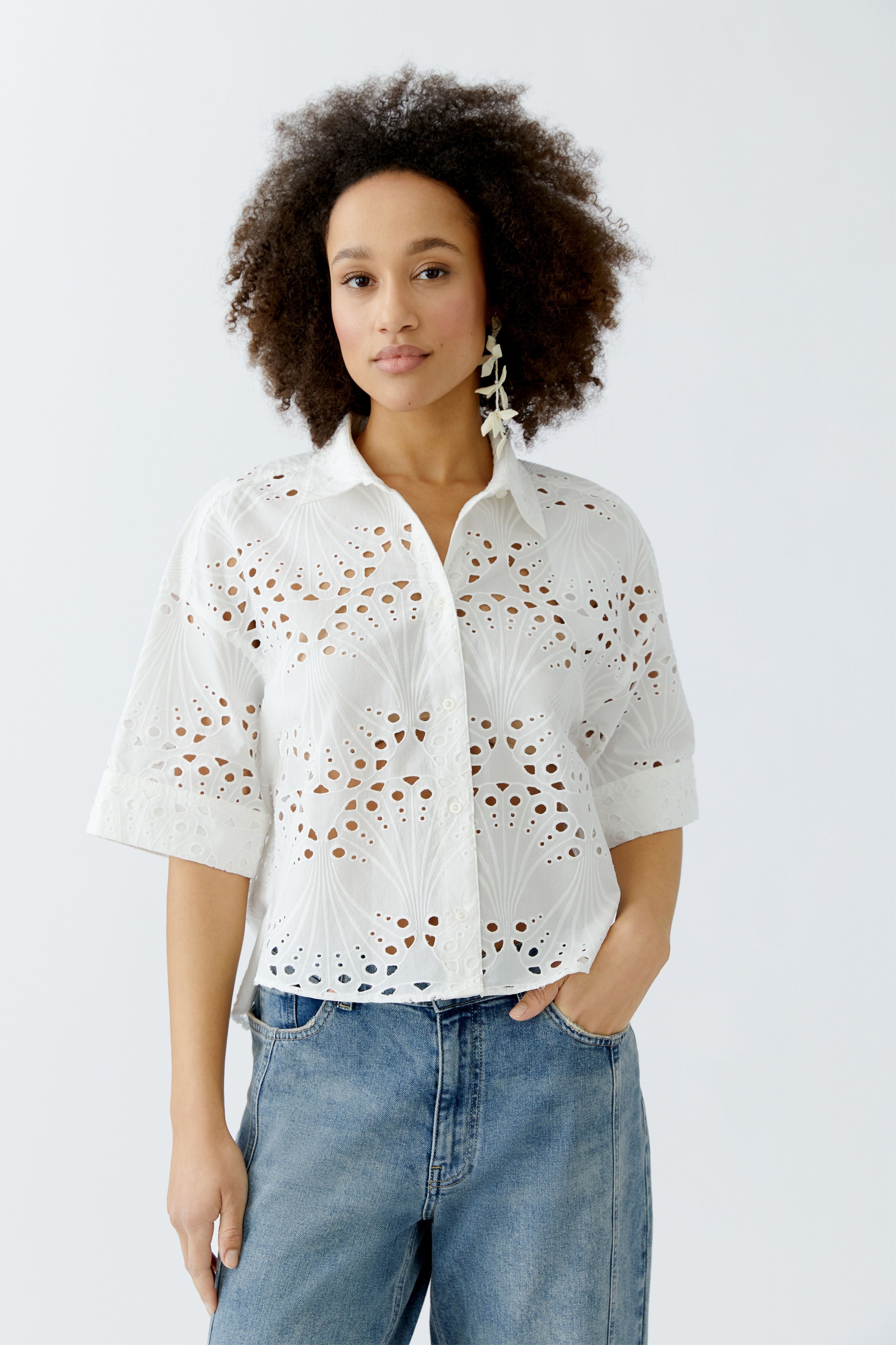 Oui- Crop cotton lace shirt