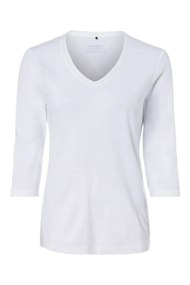 Olsen Rhinestone 3/4 Sleeve Top - White