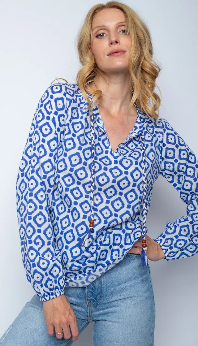 Emily Van Den Bergh - Cobolt Blue and White Print Blouse