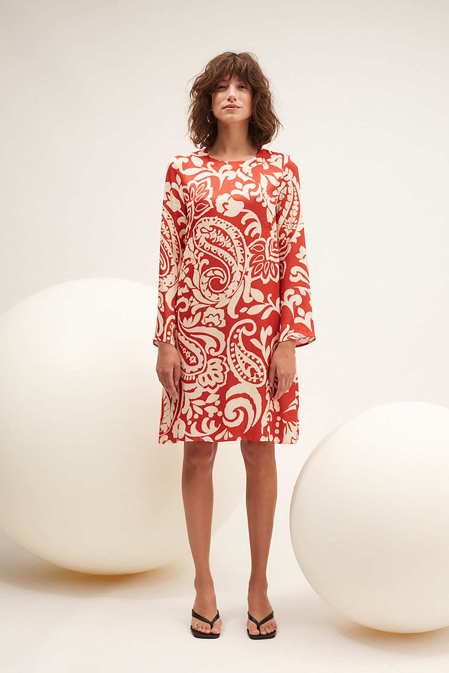 Oui - Red and Cream Print Dress