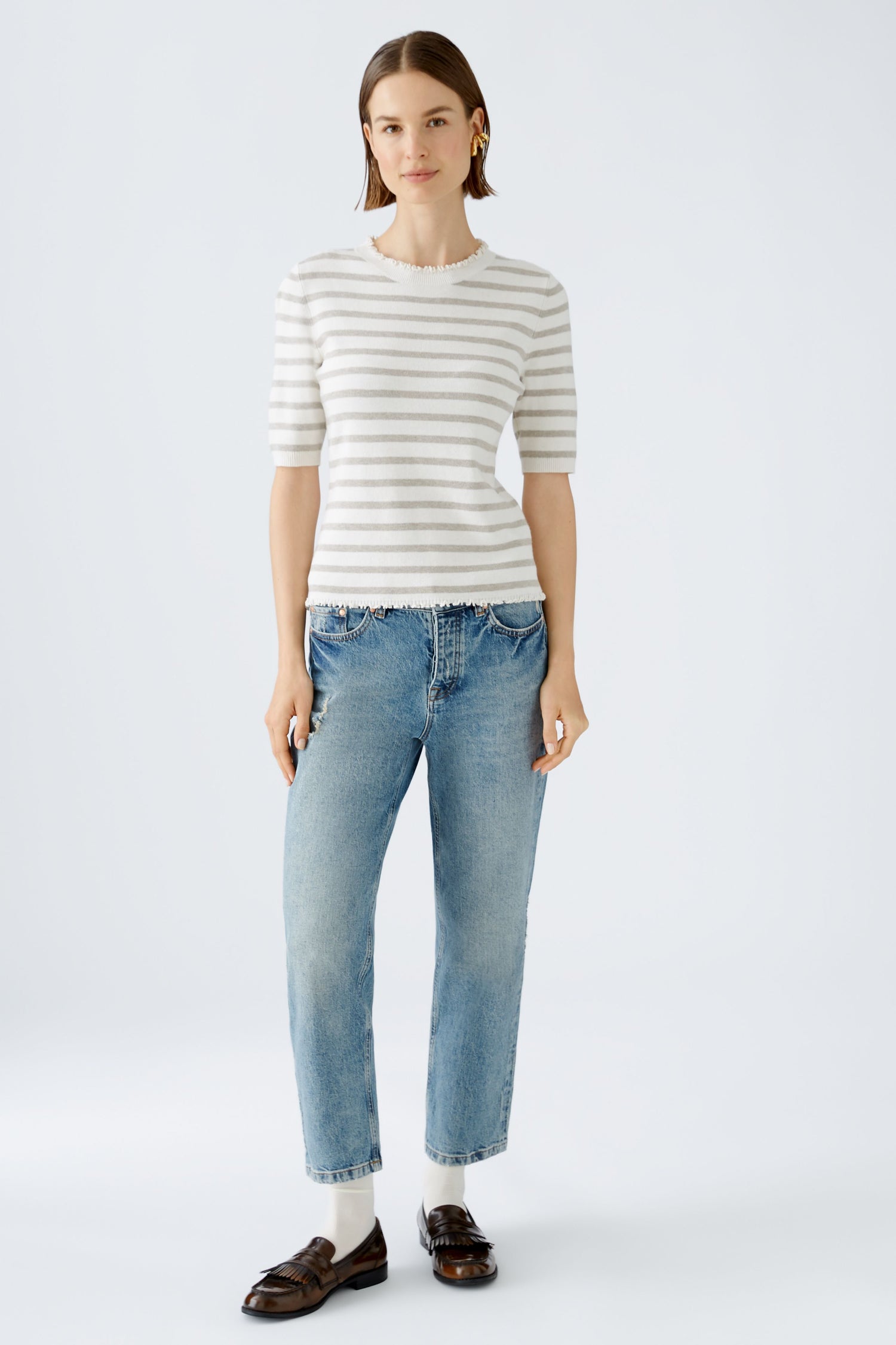 Oui - Cream and Grey Stripe Knit