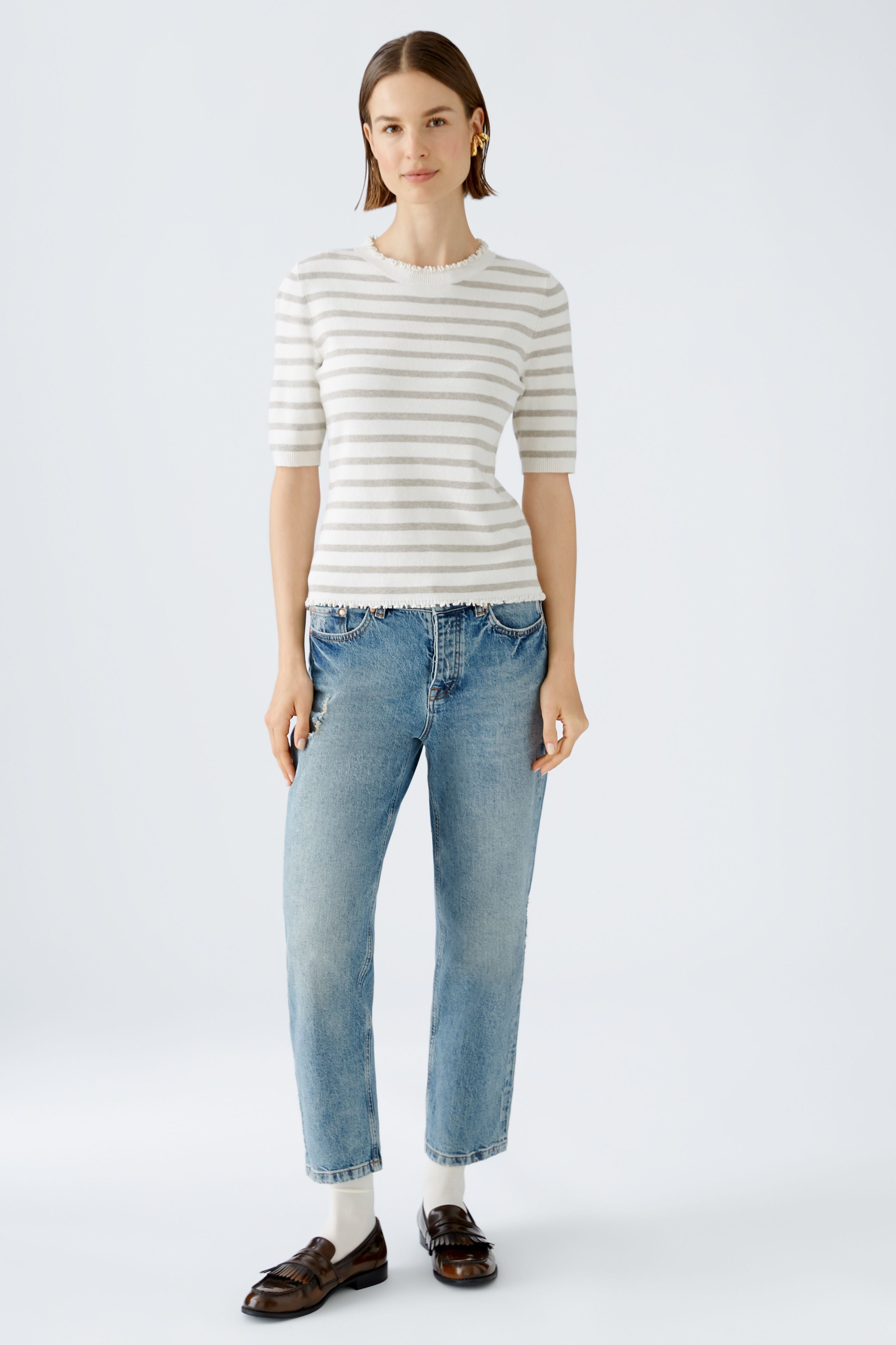 Oui - Cream and Grey Stripe Knit