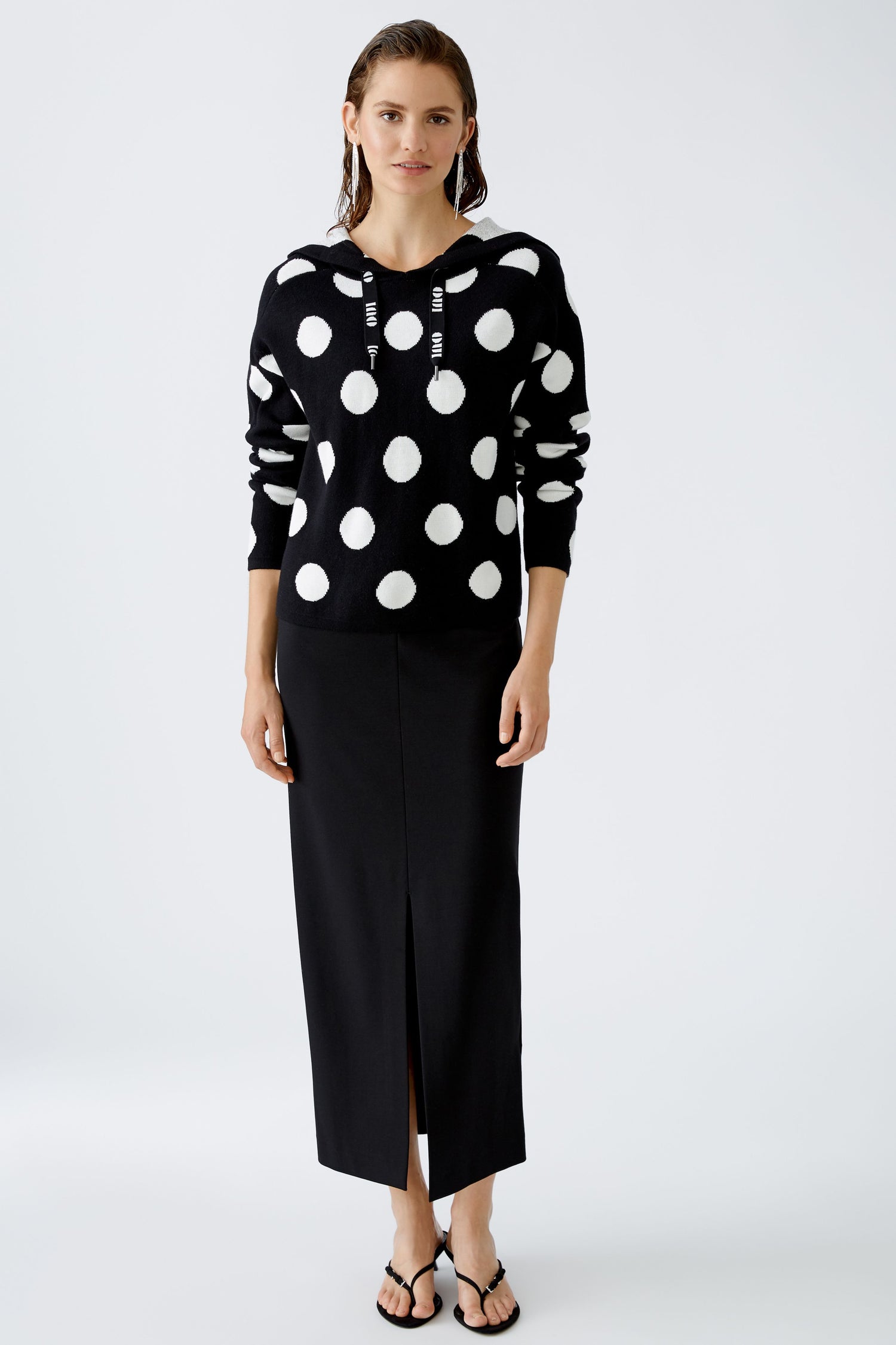 Oui - Black and Off White Polka Dot Hoodie Jumper