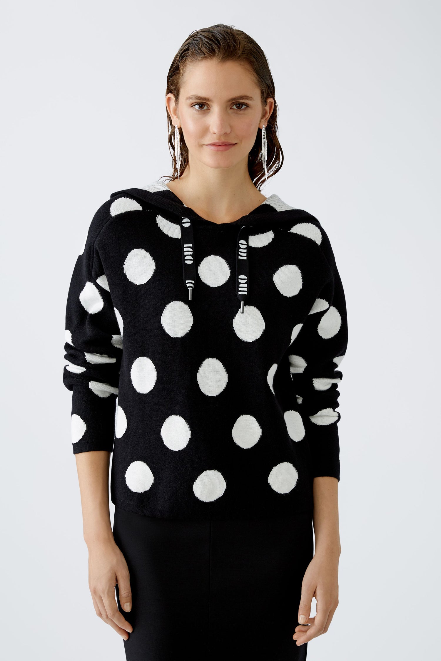 Oui - Black and Off White Polka Dot Hoodie Jumper