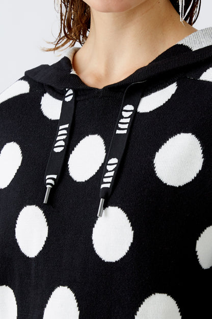 Oui - Black and Off White Polka Dot Hoodie Jumper