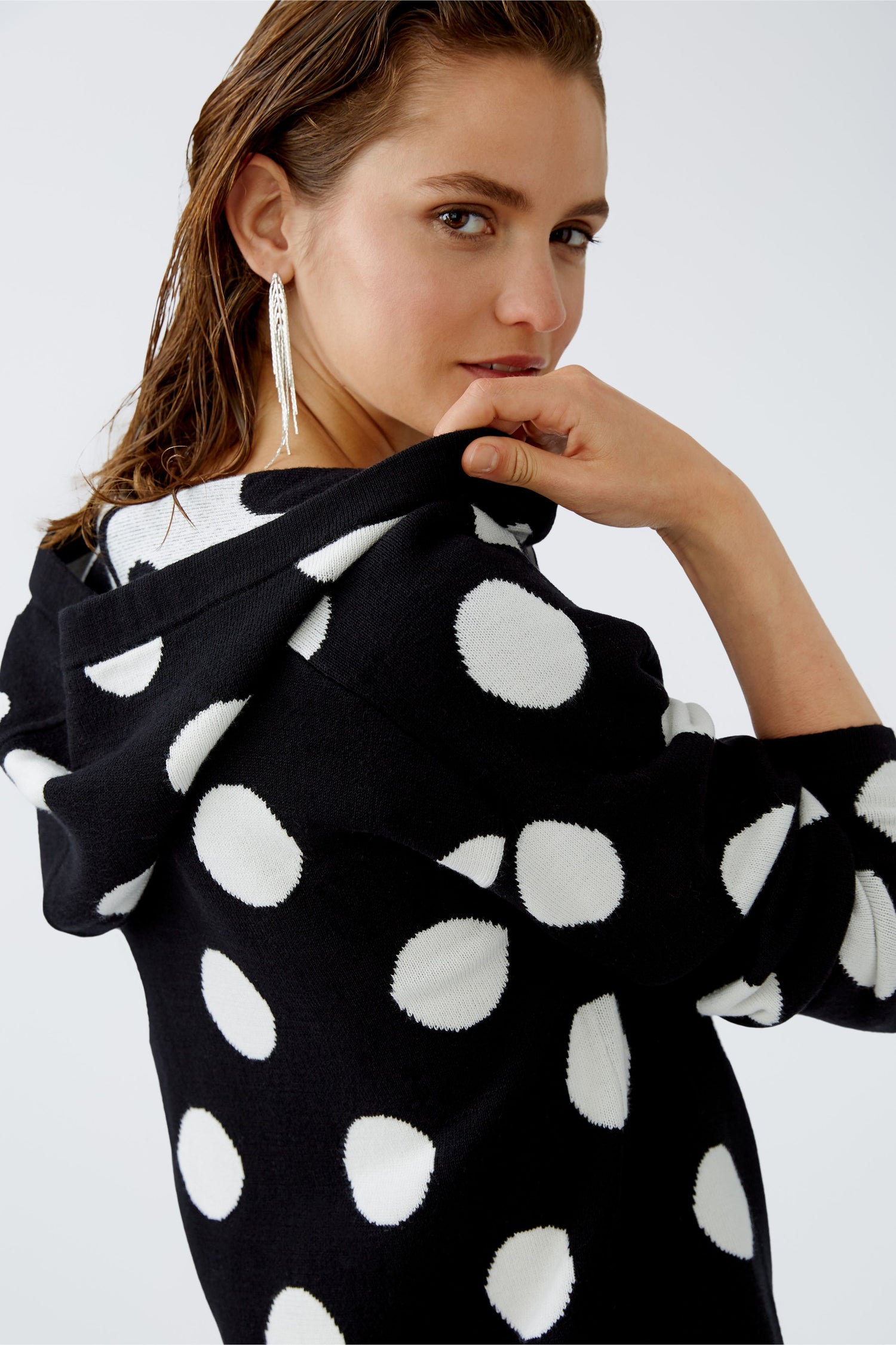 Oui - Black and Off White Polka Dot Hoodie Jumper