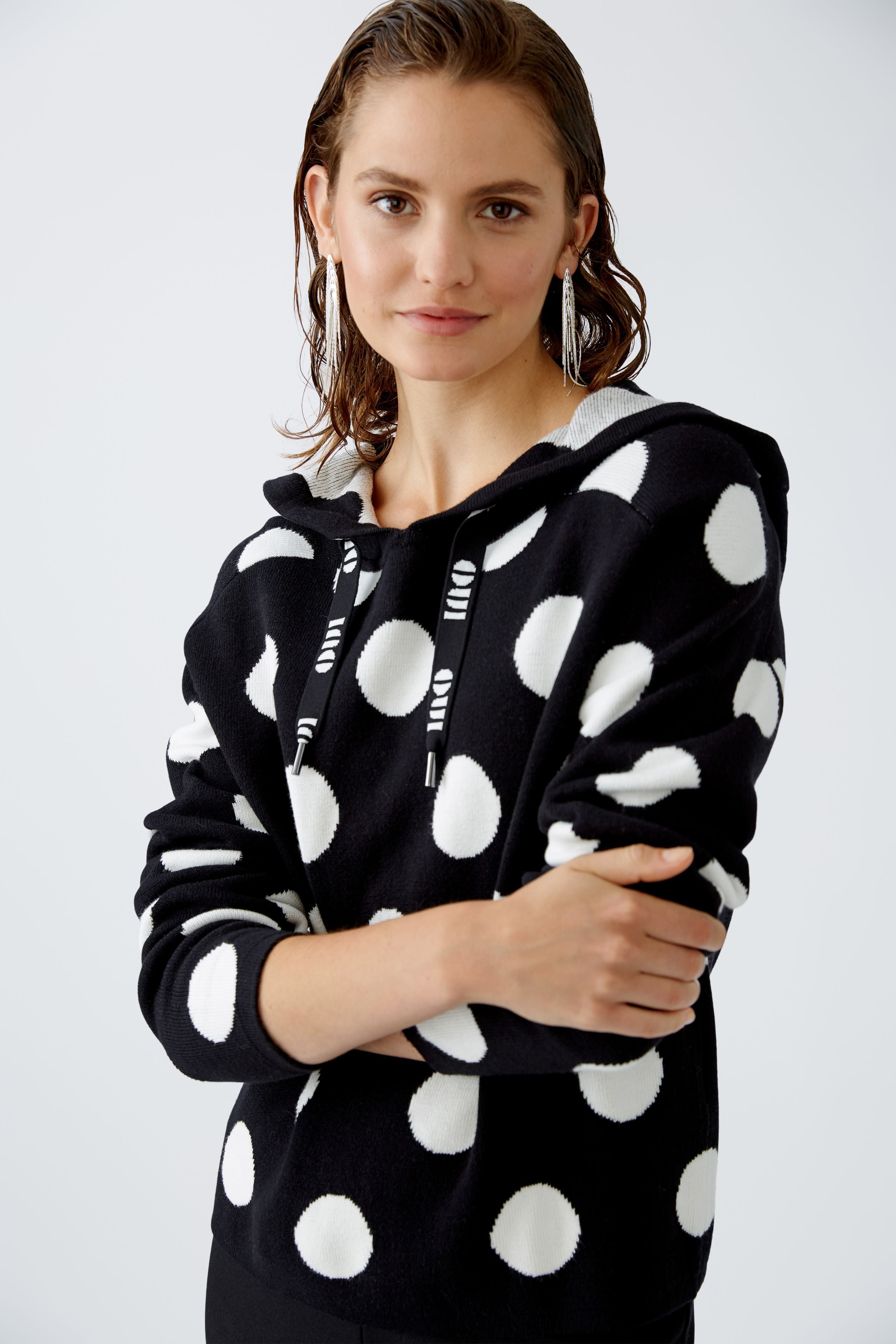 Oui - Black and Off White Polka Dot Hoodie Jumper