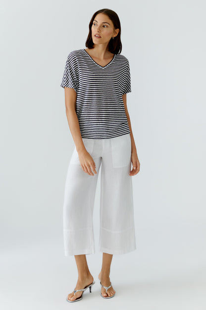Oui- Navy and White Linen Knit Top