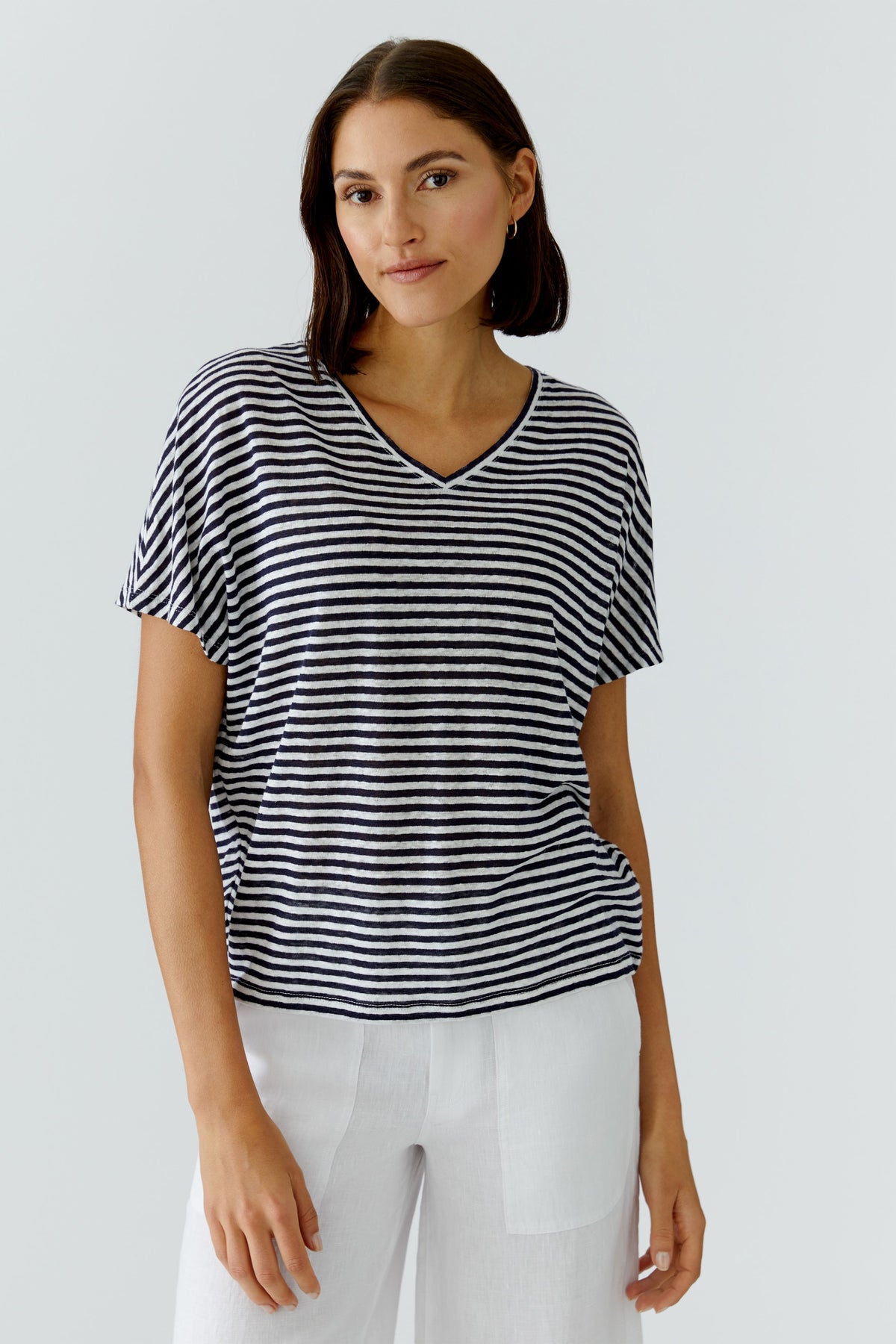 Oui- Navy and White Linen Knit Top