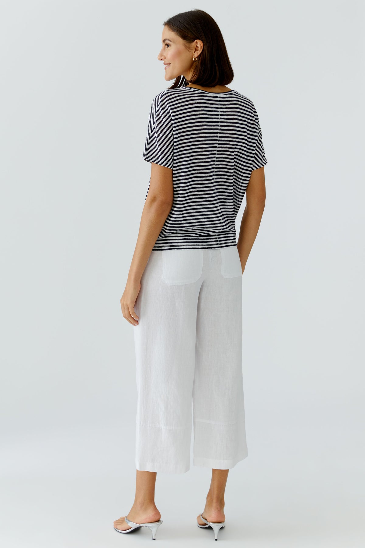 Oui- Navy and White Linen Knit Top