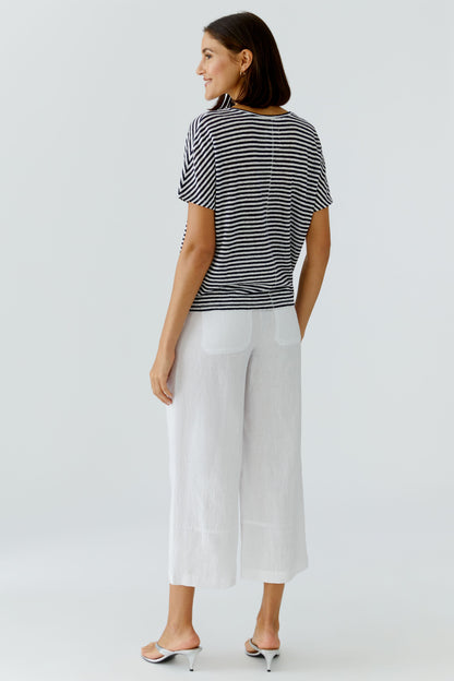 Oui- Navy and White Linen Knit Top