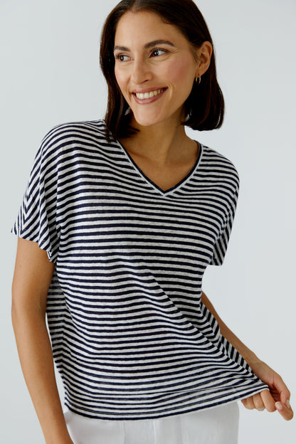 Oui- Navy and White Linen Knit Top