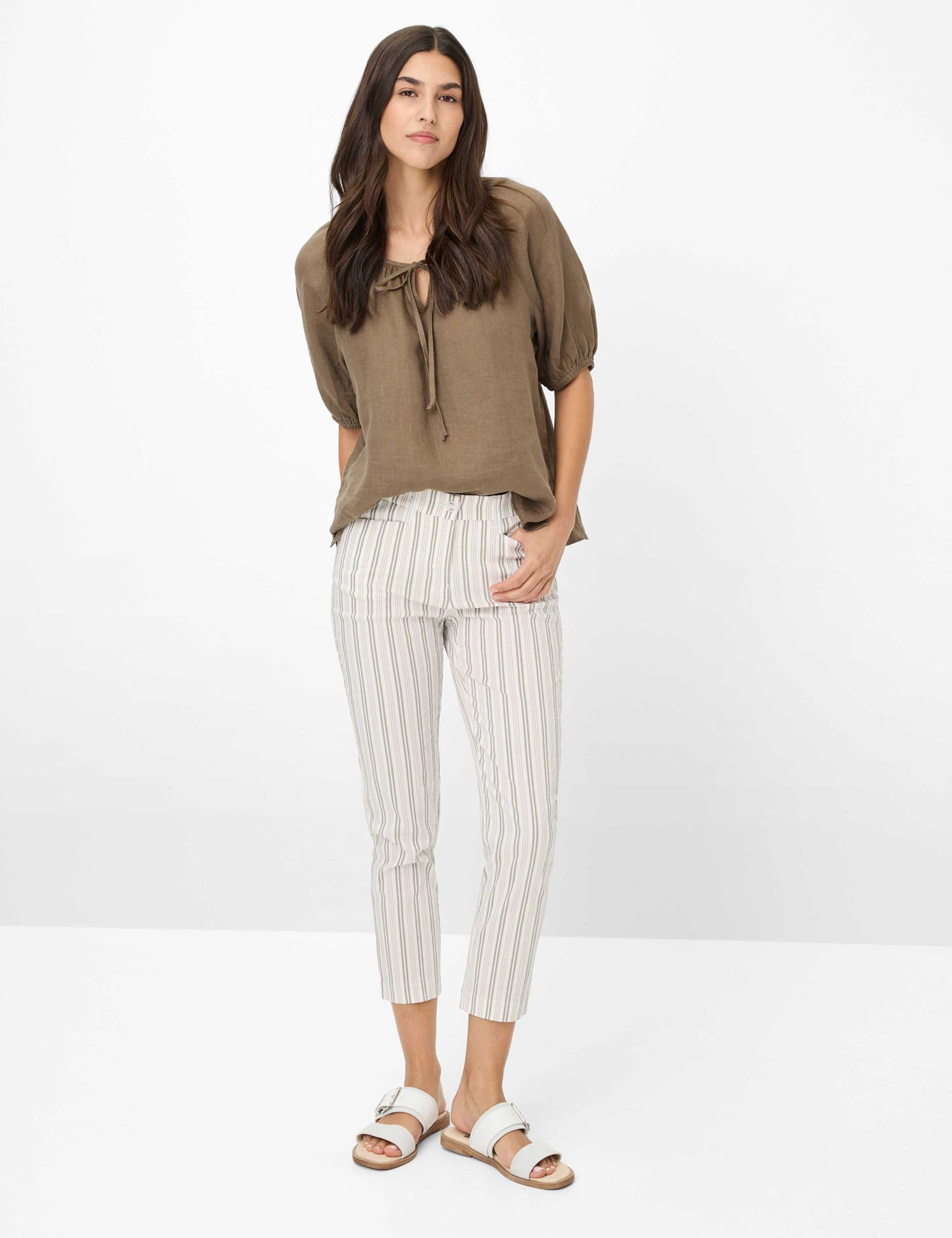 Brax  -Mara Sage, Beige and White Stripe 7/8 Pants