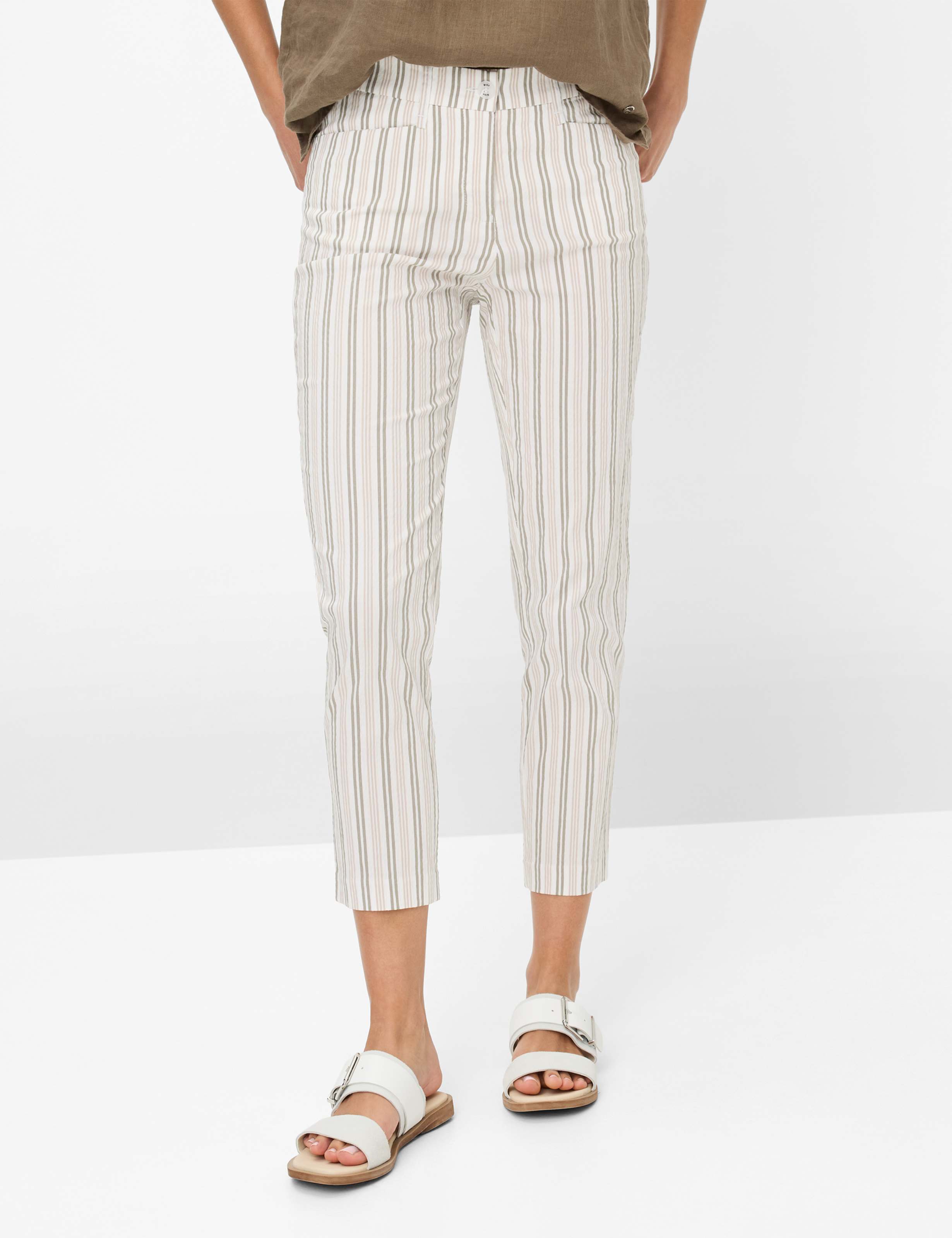 Brax  -Mara Sage, Beige and White Stripe 7/8 Pants