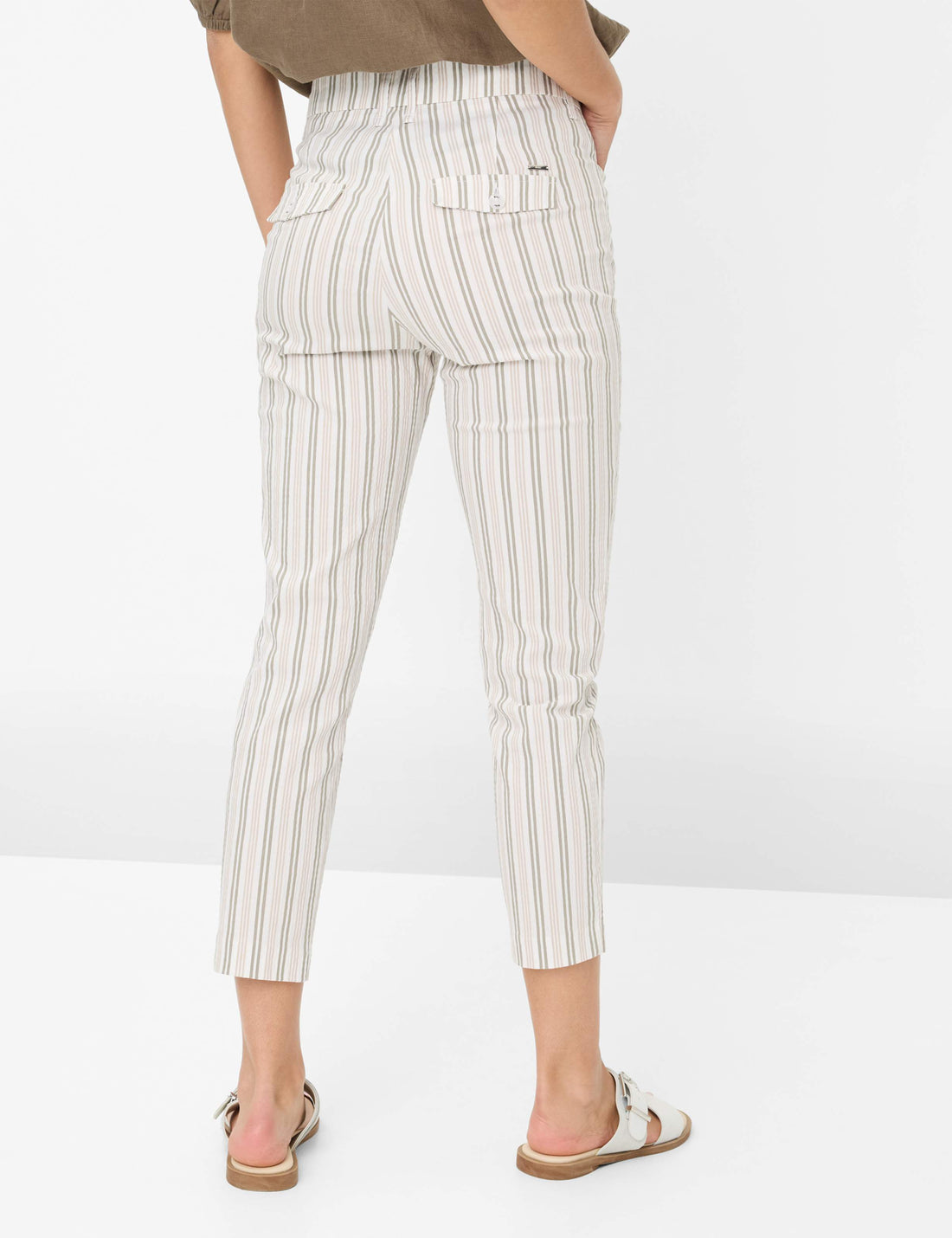 Brax  -Mara Sage, Beige and White Stripe 7/8 Pants