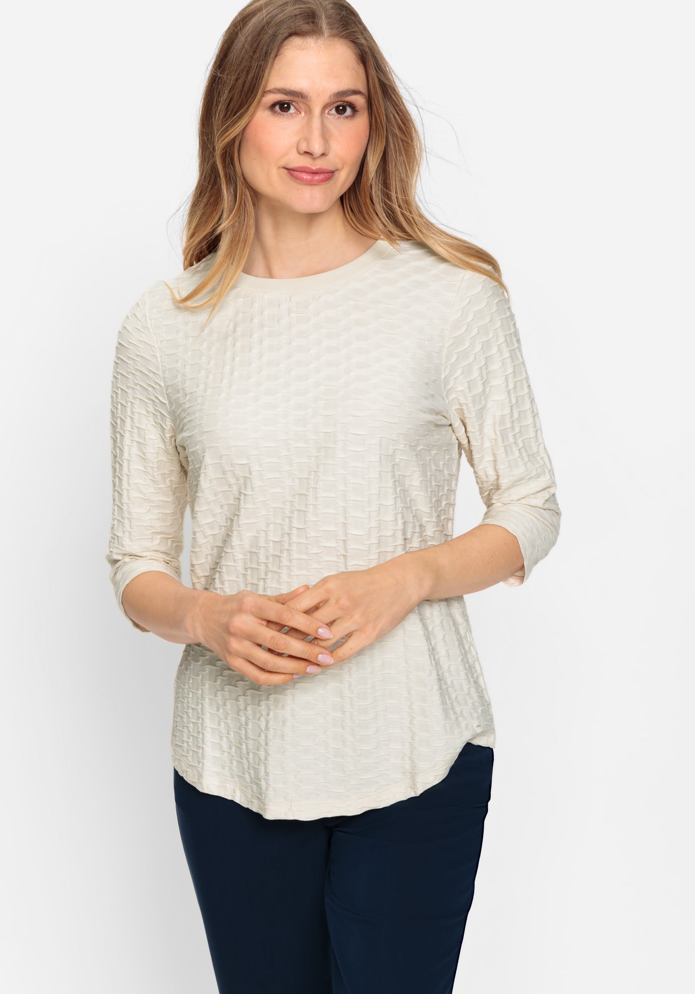 Olsen 3/4 Sleeve Beige Textured T-Shirt