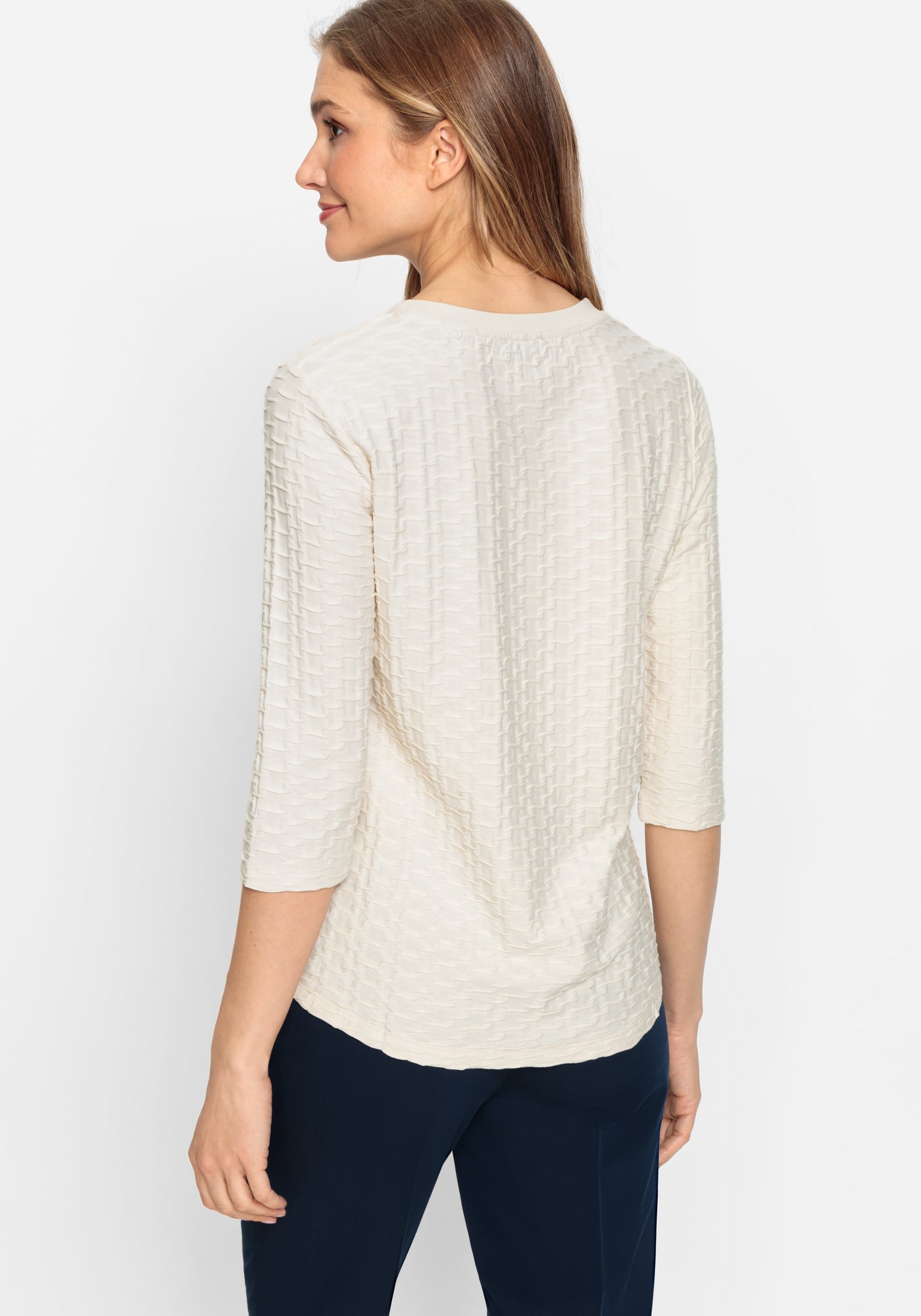 Olsen 3/4 Sleeve Beige Textured T-Shirt