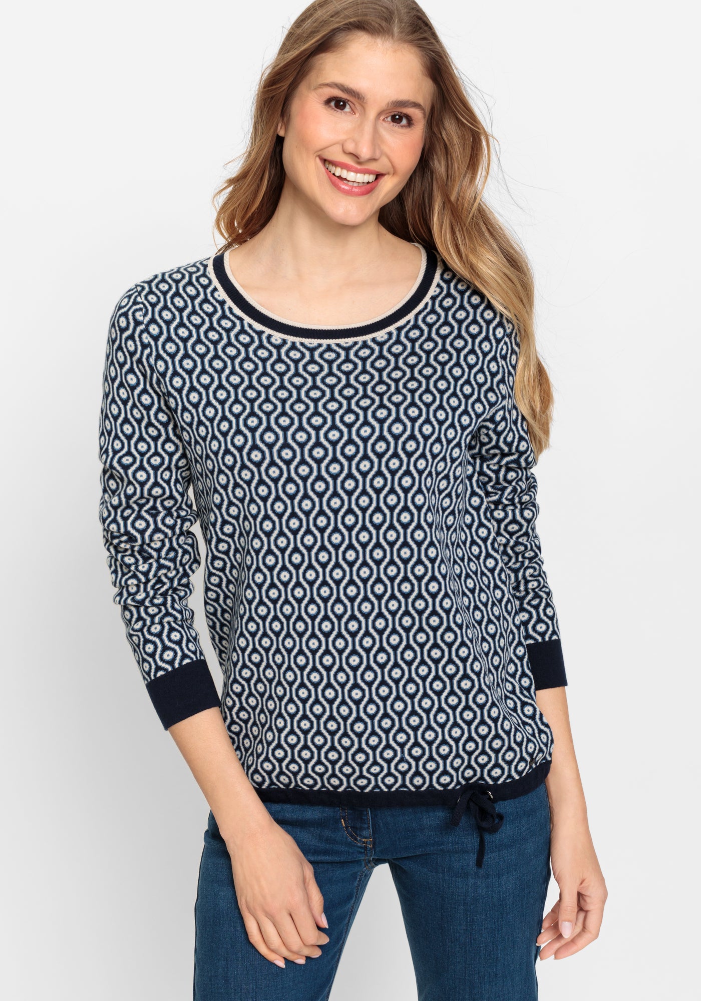 Olsen Navy &amp; White Print Jumper