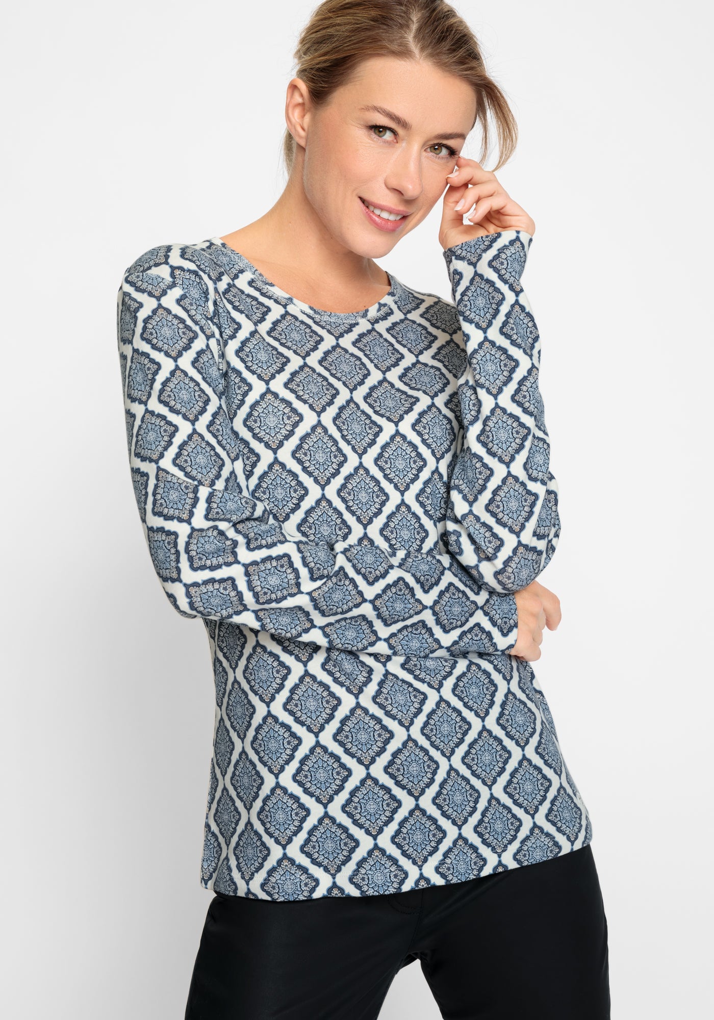 Olsen - Blue Diamond Print Long Sleeve Shirt