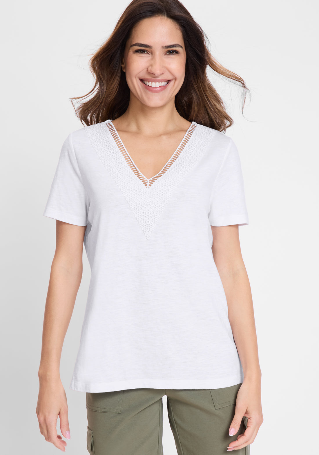 Olsen- White Lace detail V neck Top