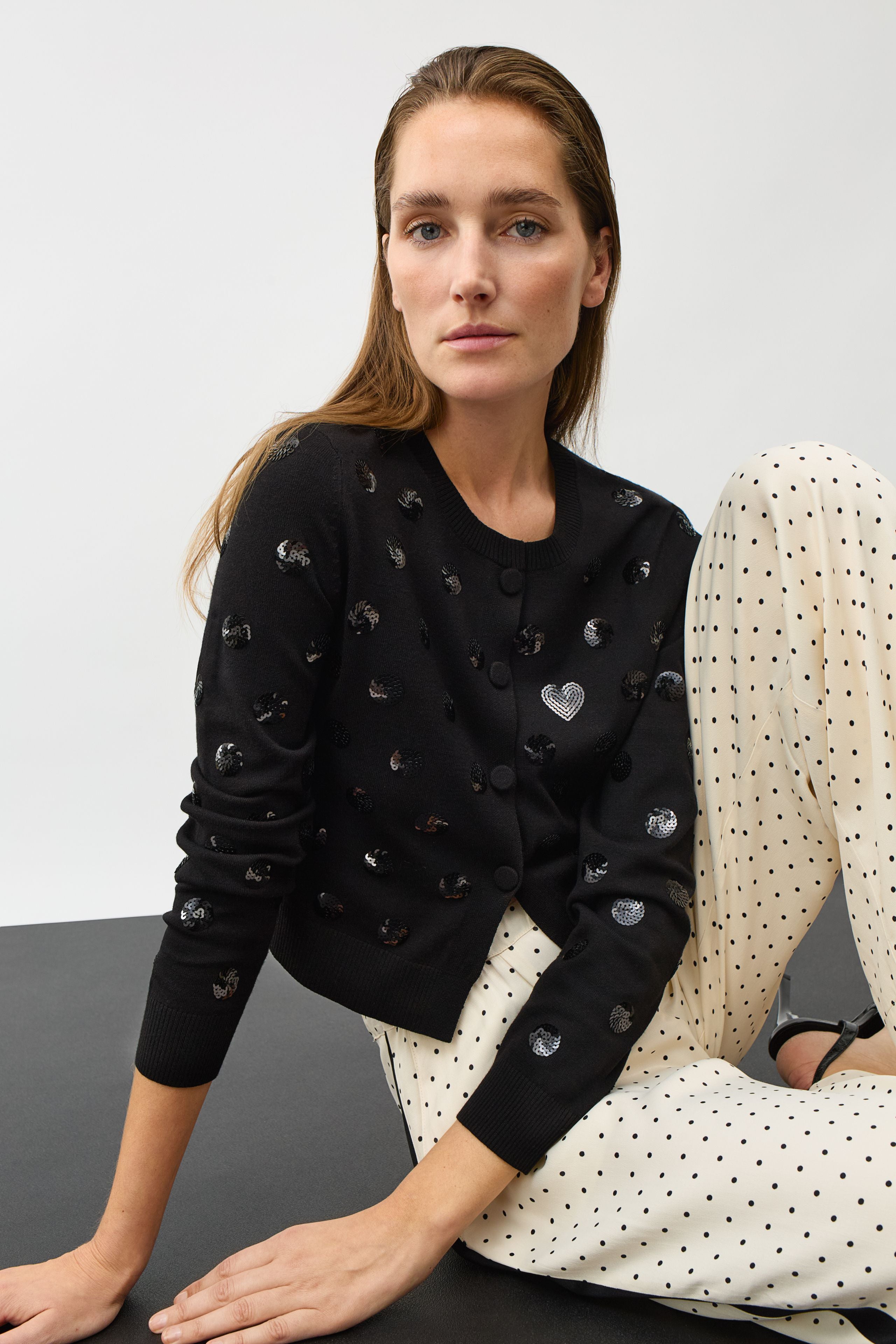 Oui Black Sequin Polka Dot Cardigan