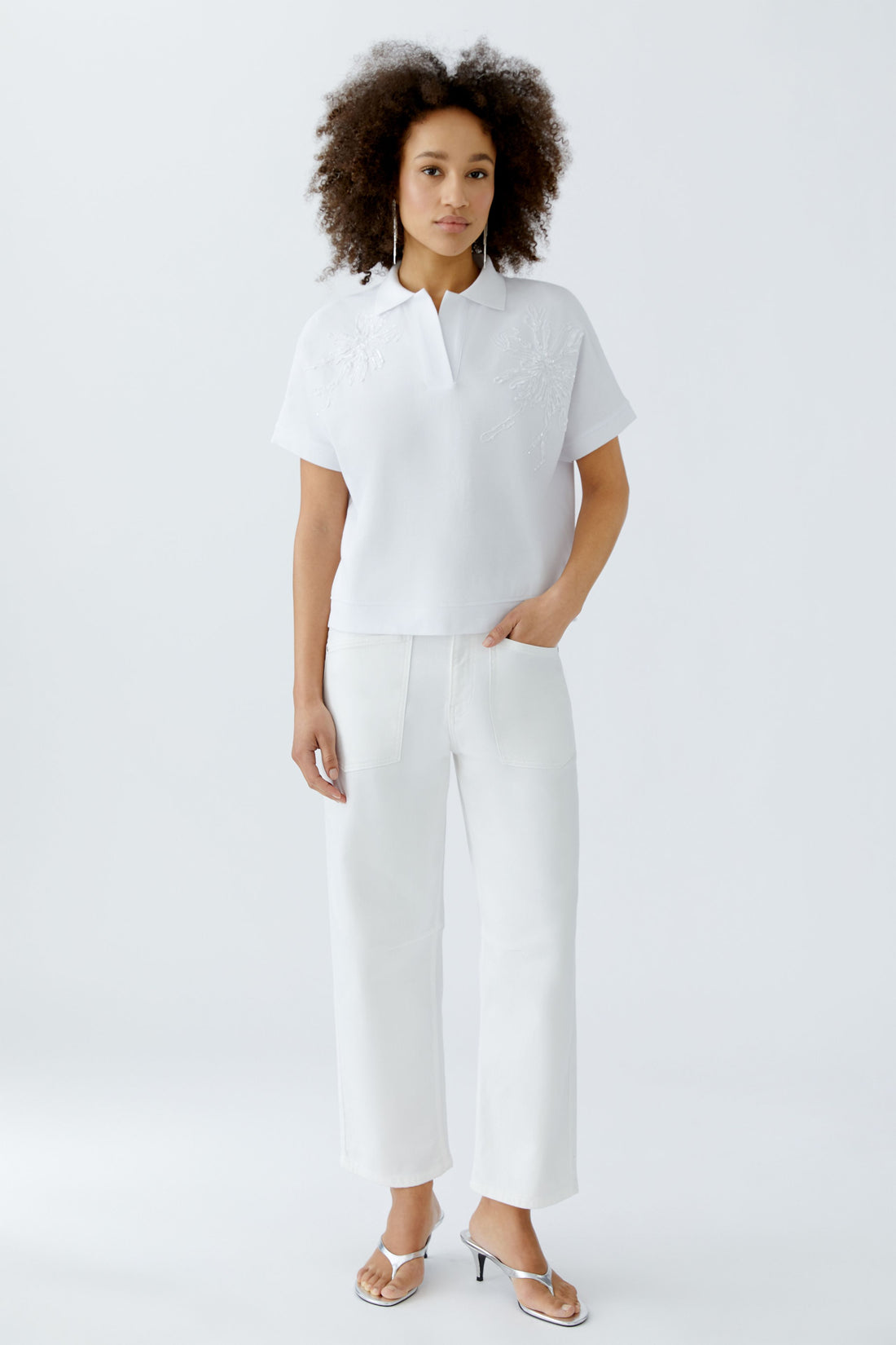 Oui - White Flower Sequin Polo