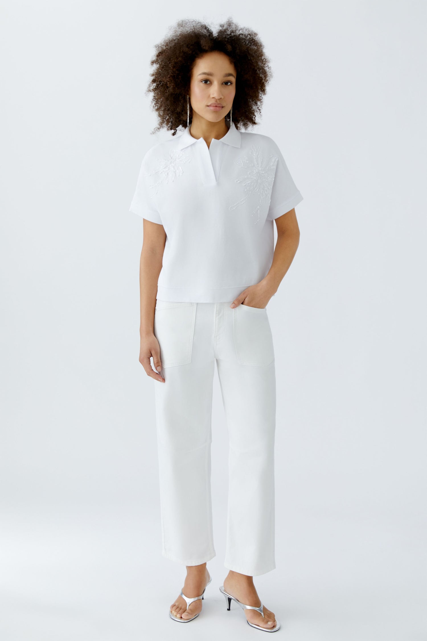 Oui - White Flower Sequin Polo