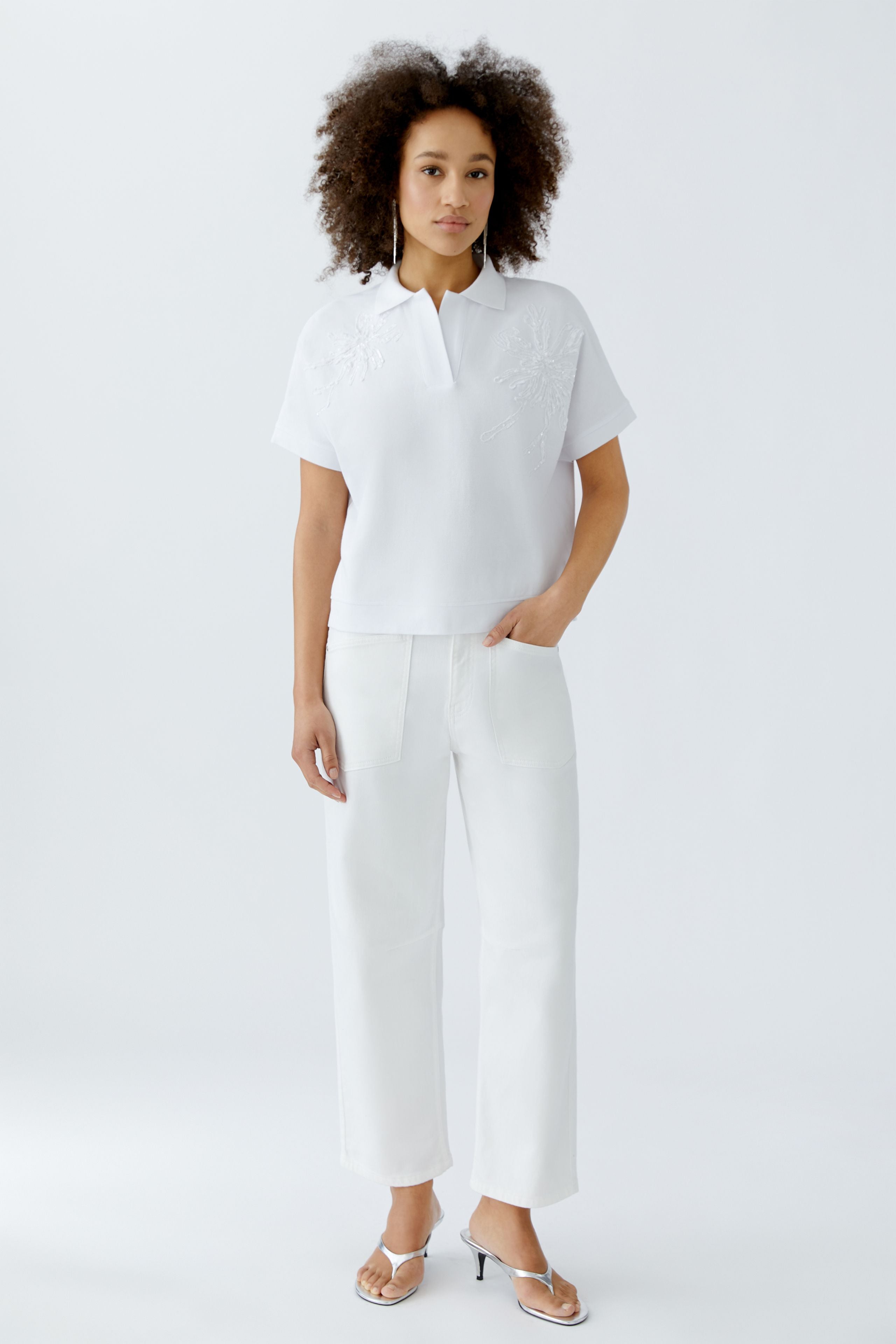 Oui - White Flower Sequin Polo