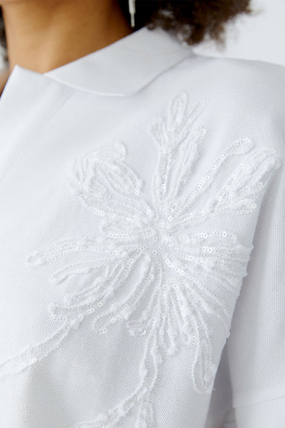 Oui - White Flower Sequin Polo
