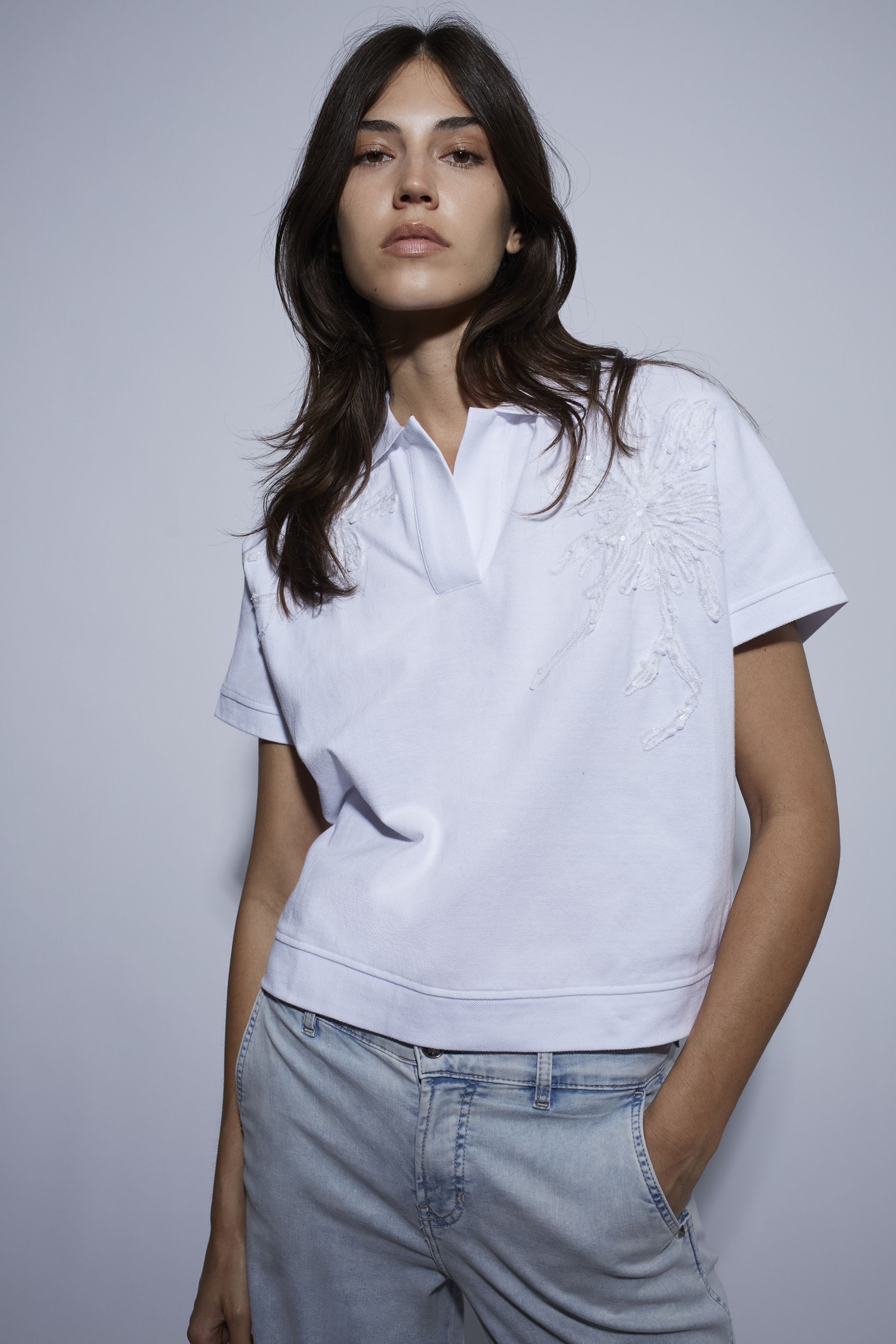 Oui - White Flower Sequin Polo