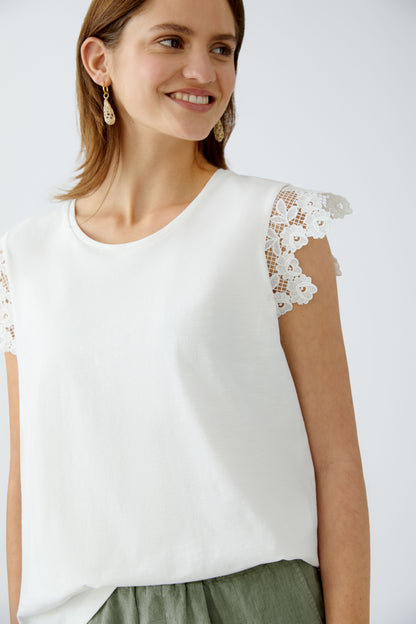 Oui- Cotton Tee with Lace Sleeve