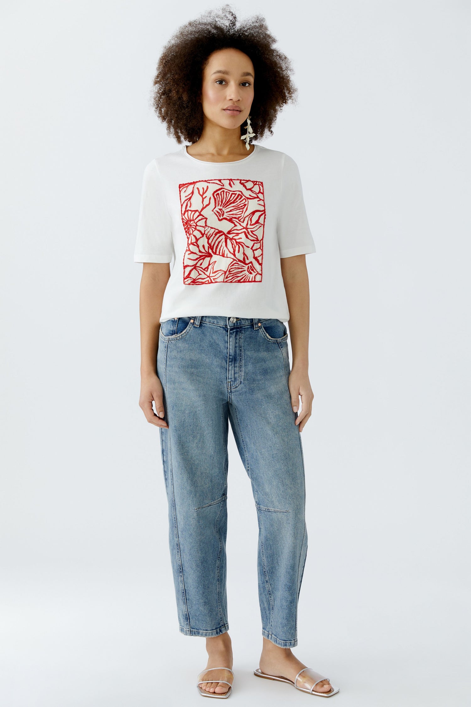 Oui - Red and White Shell Print T-Shirt