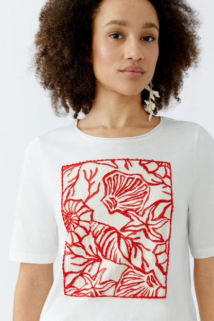 Oui - Red and White Shell Print T-Shirt
