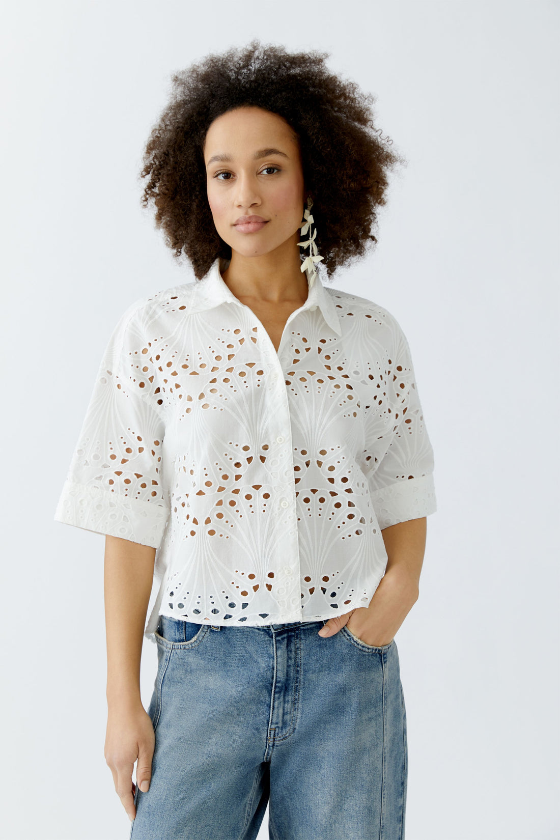 Oui- Crop cotton lace shirt
