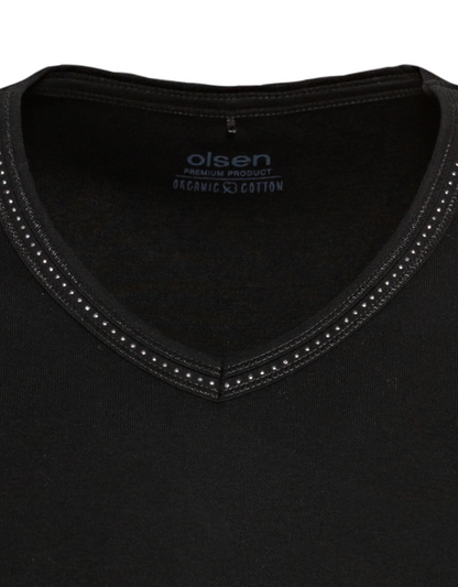 Olsen Rhinestone 3/4 Sleeve Top - Black