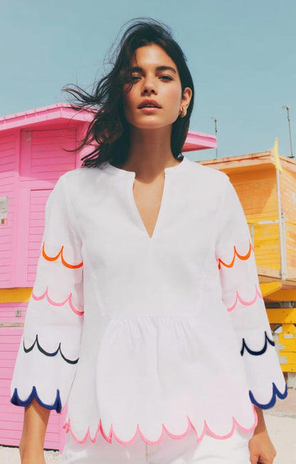 Vilagallo Val White Embroidered Linen Top